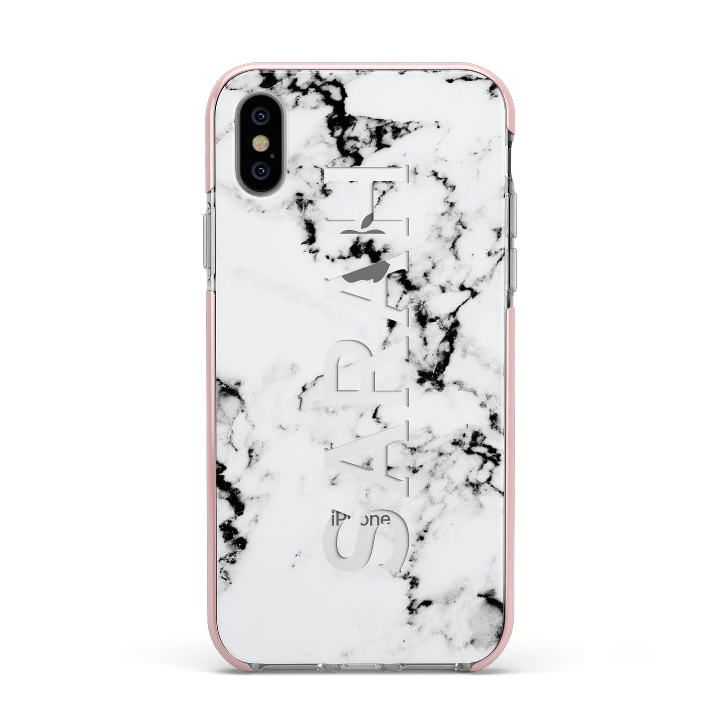 Personalised Clear Name Black White Marble Custom Apple iPhone Xs Impact Case Pink Edge on Silver Phone