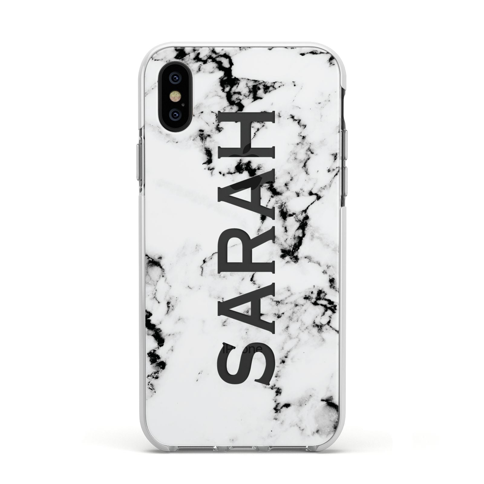 Personalised Clear Name Black White Marble Custom Apple iPhone Xs Impact Case White Edge on Black Phone