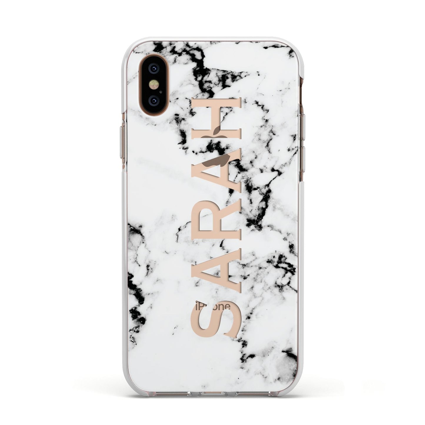 Personalised Clear Name Black White Marble Custom Apple iPhone Xs Impact Case White Edge on Gold Phone