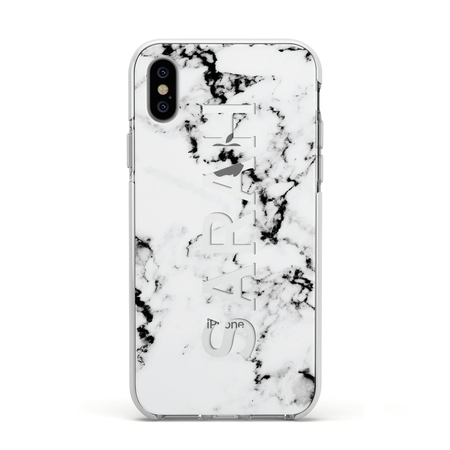 Personalised Clear Name Black White Marble Custom Apple iPhone Xs Impact Case White Edge on Silver Phone