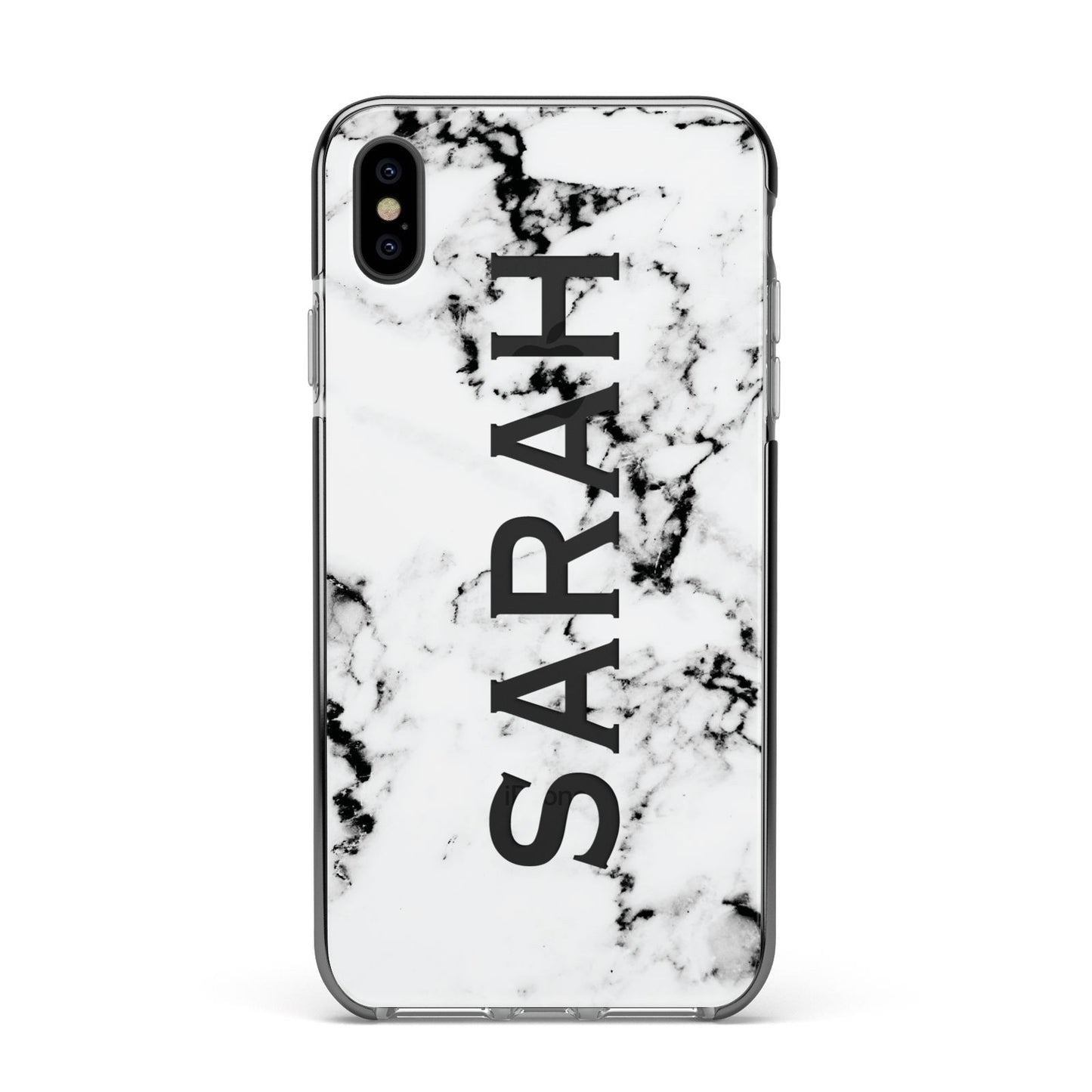 Personalised Clear Name Black White Marble Custom Apple iPhone Xs Max Impact Case Black Edge on Black Phone