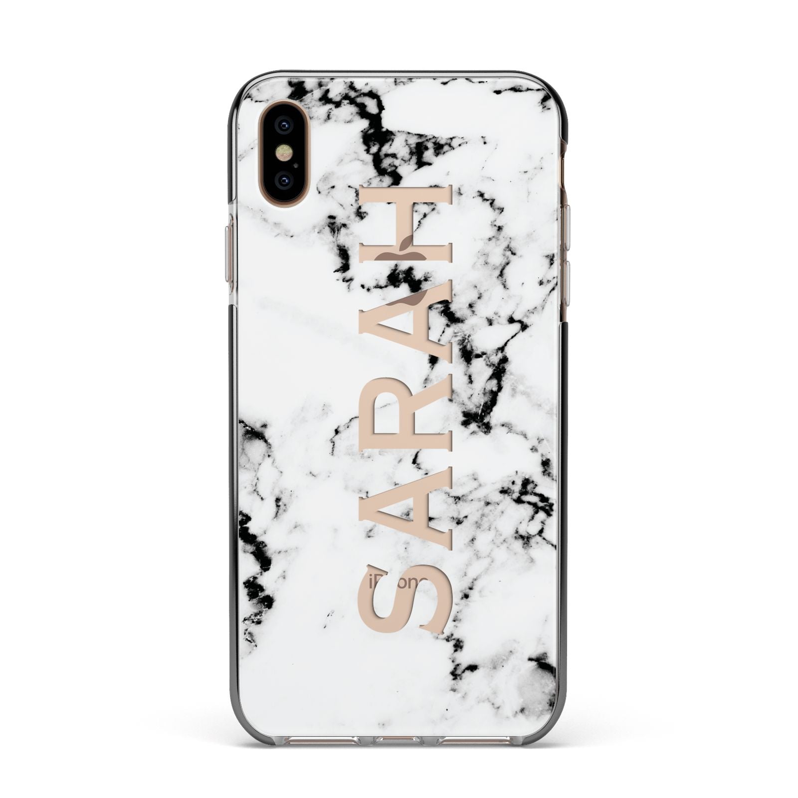 Personalised Clear Name Black White Marble Custom Apple iPhone Xs Max Impact Case Black Edge on Gold Phone