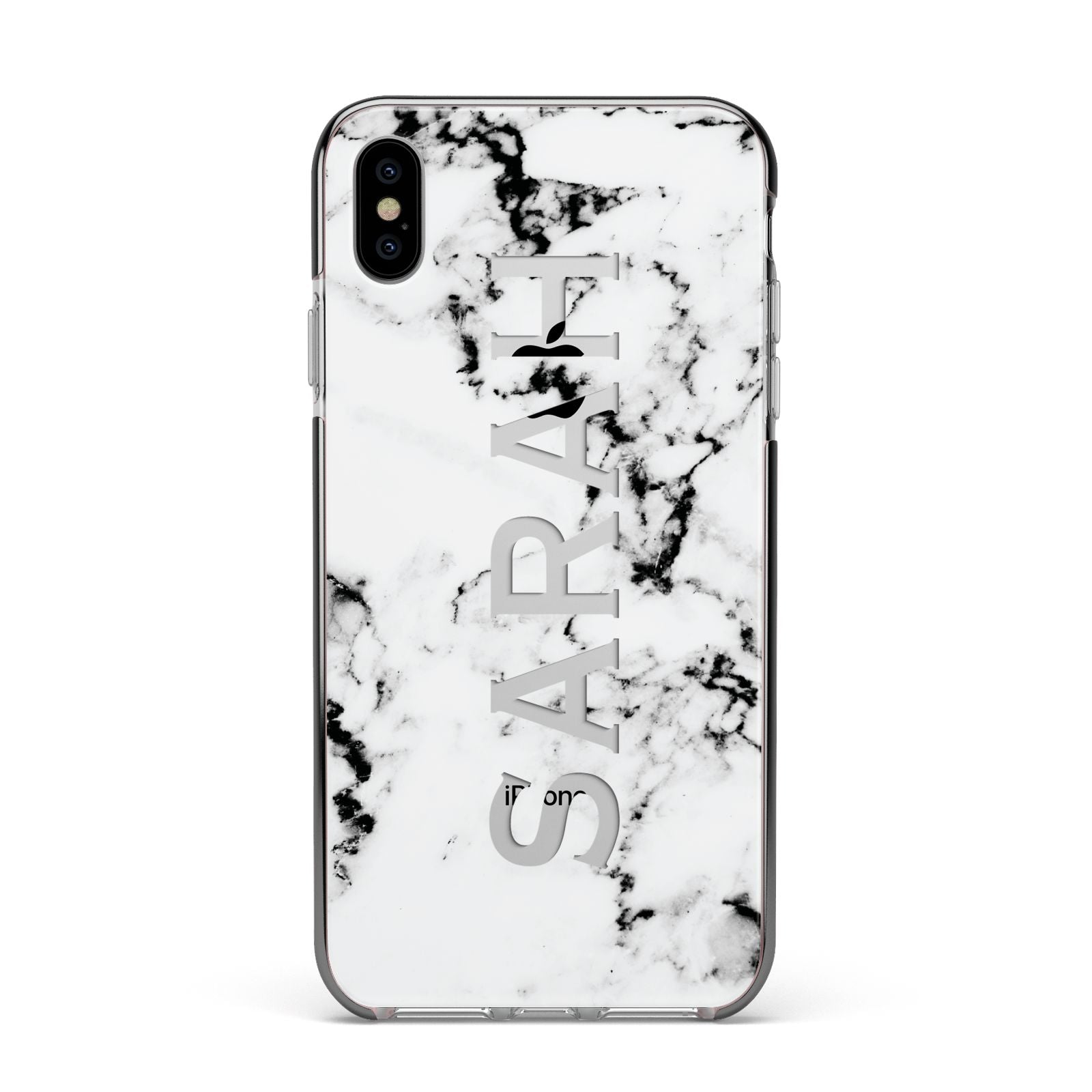 Personalised Clear Name Black White Marble Custom Apple iPhone Xs Max Impact Case Black Edge on Silver Phone