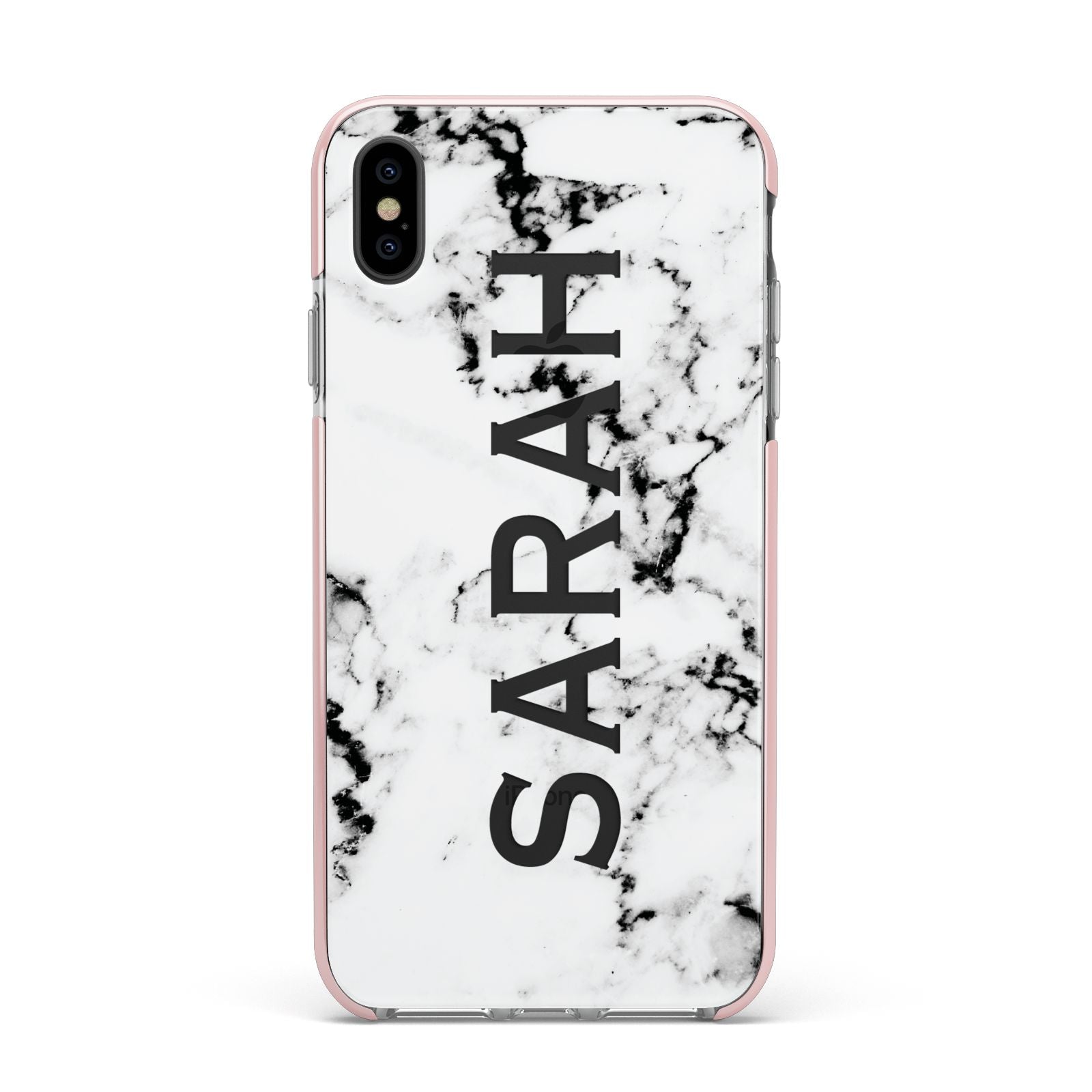 Personalised Clear Name Black White Marble Custom Apple iPhone Xs Max Impact Case Pink Edge on Black Phone