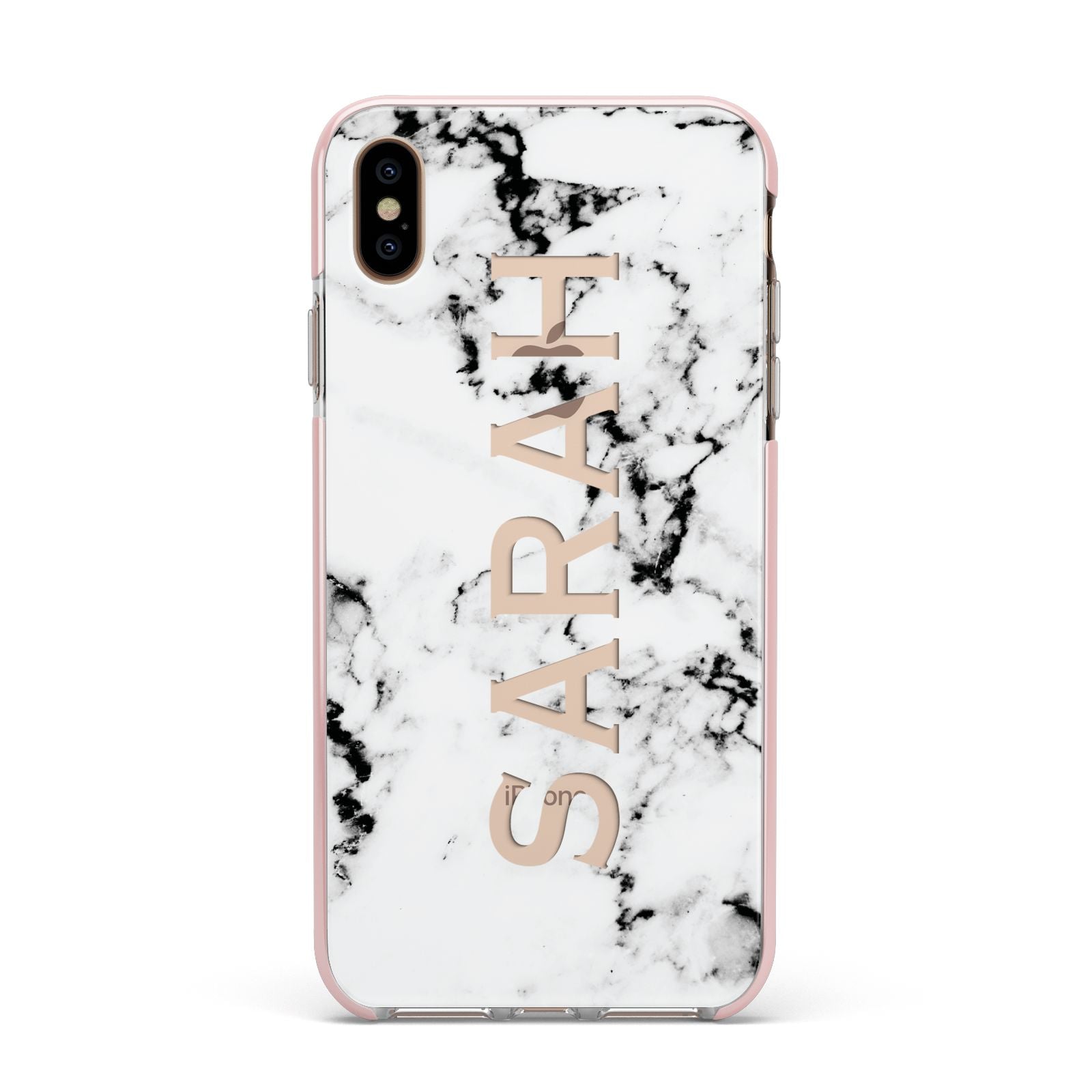 Personalised Clear Name Black White Marble Custom Apple iPhone Xs Max Impact Case Pink Edge on Gold Phone