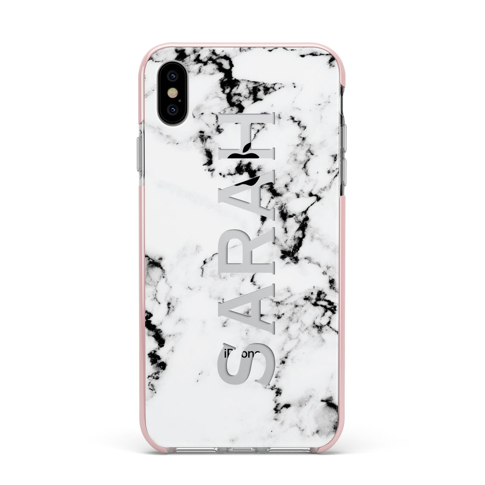 Personalised Clear Name Black White Marble Custom Apple iPhone Xs Max Impact Case Pink Edge on Silver Phone