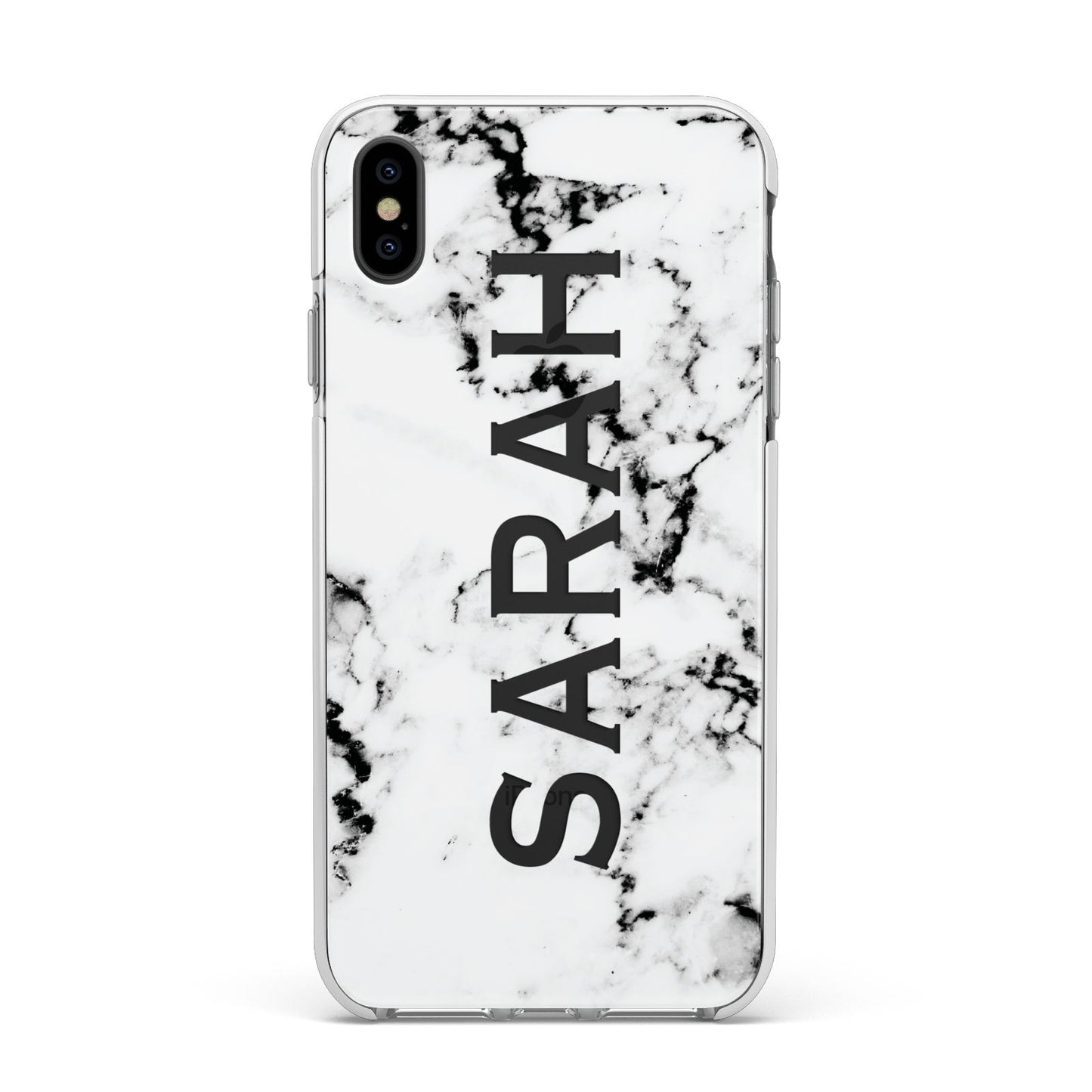 Personalised Clear Name Black White Marble Custom Apple iPhone Xs Max Impact Case White Edge on Black Phone