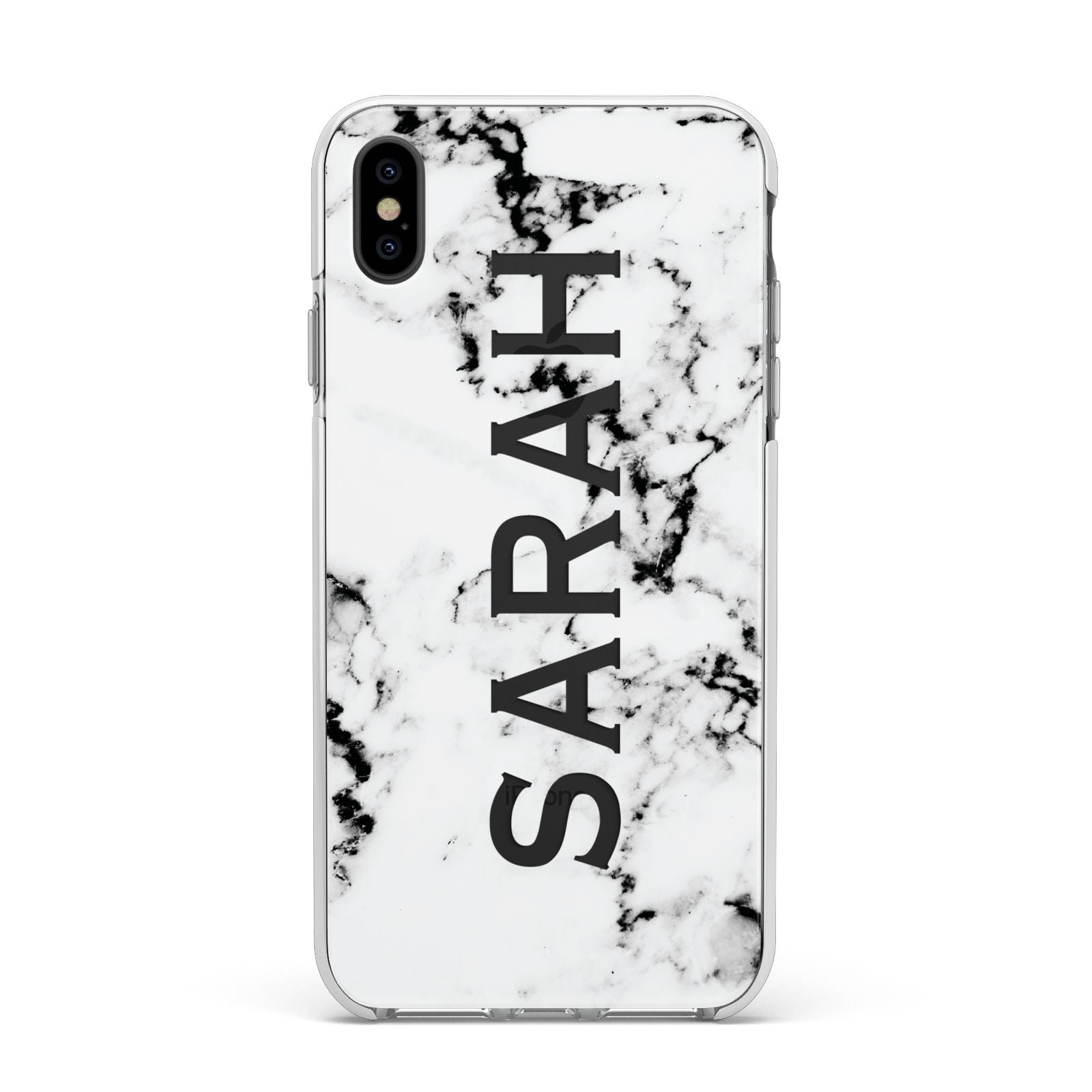 Personalised Clear Name Black White Marble Custom Apple iPhone Xs Max Impact Case White Edge on Black Phone