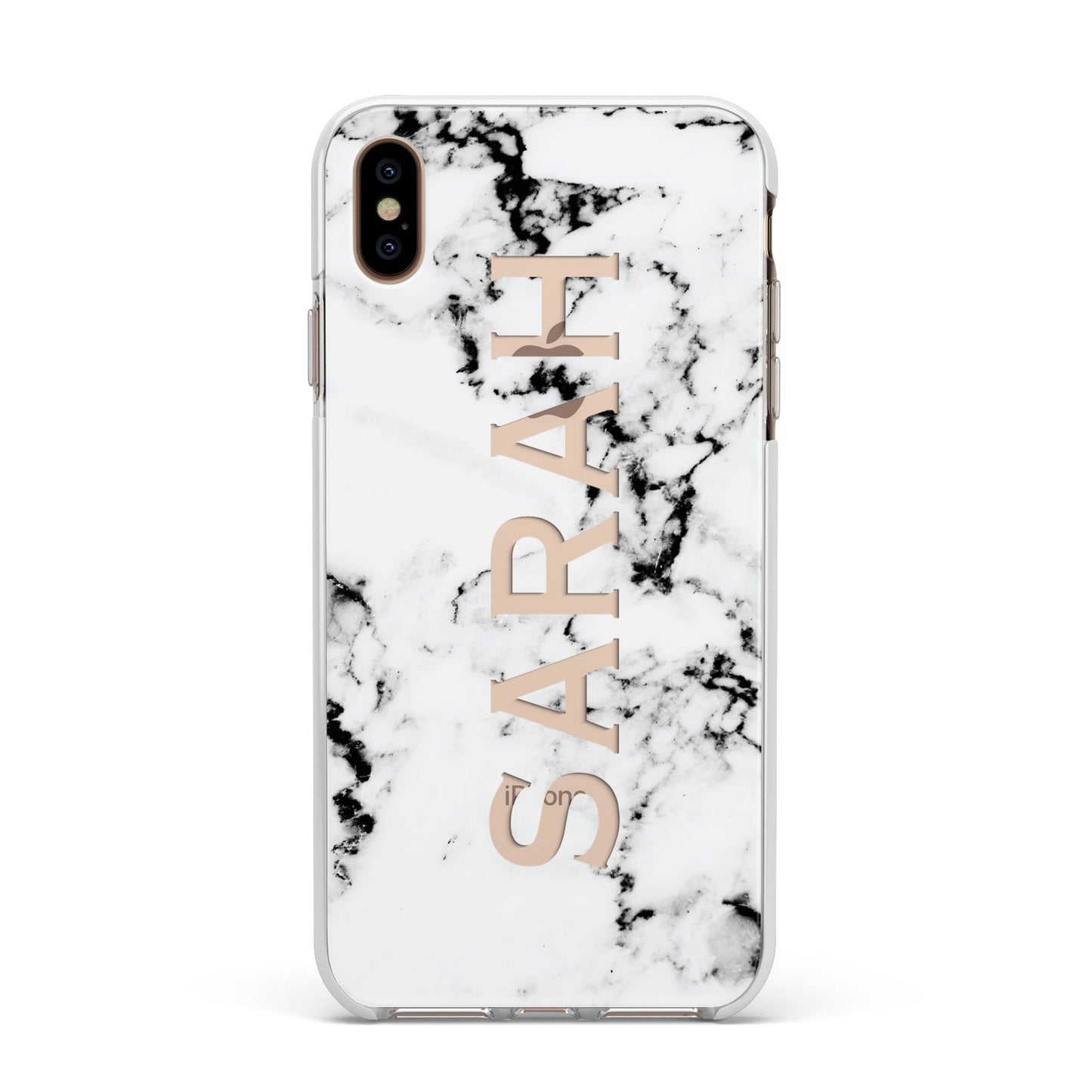 Personalised Clear Name Black White Marble Custom Apple iPhone Xs Max Impact Case White Edge on Gold Phone