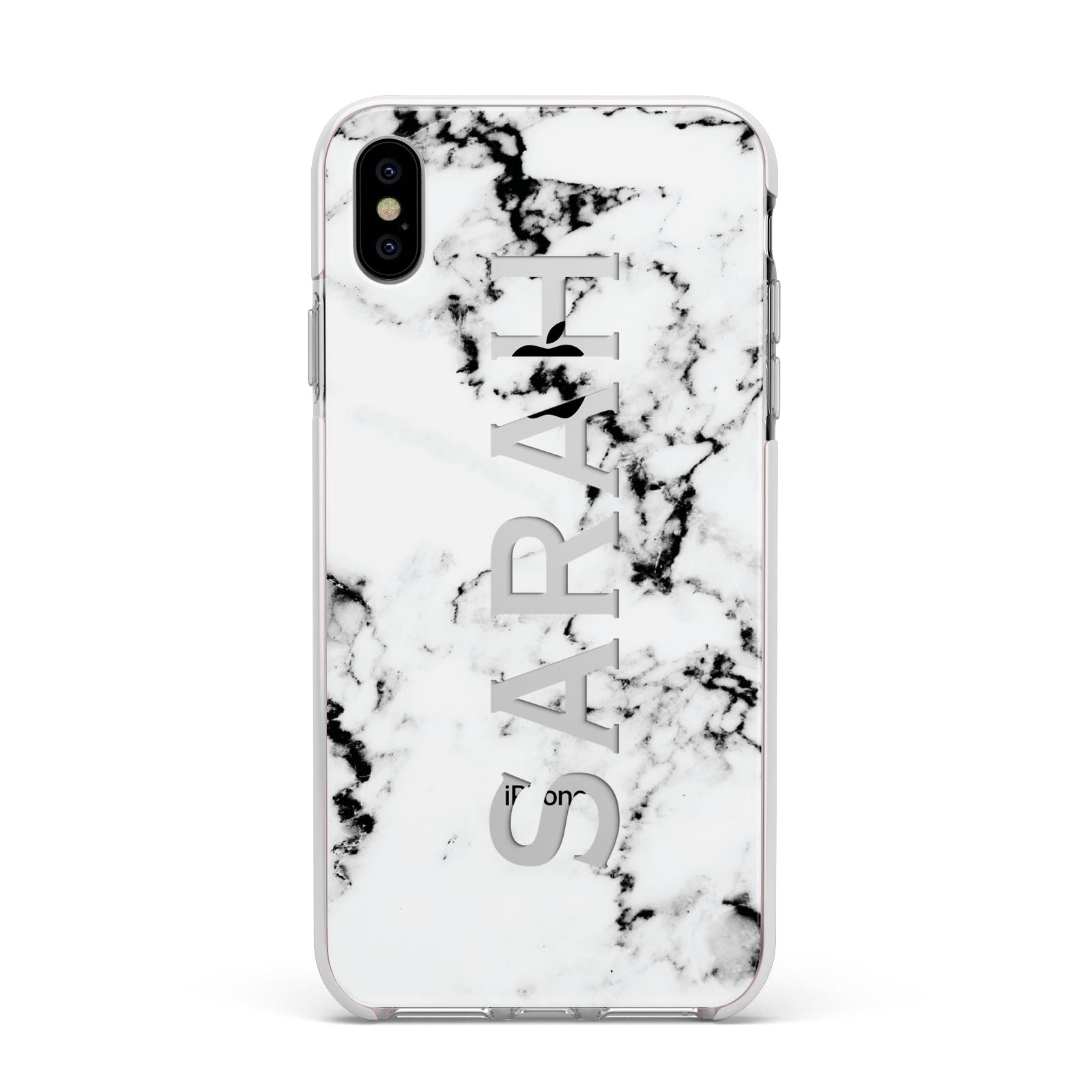 Personalised Clear Name Black White Marble Custom Apple iPhone Xs Max Impact Case White Edge on Silver Phone