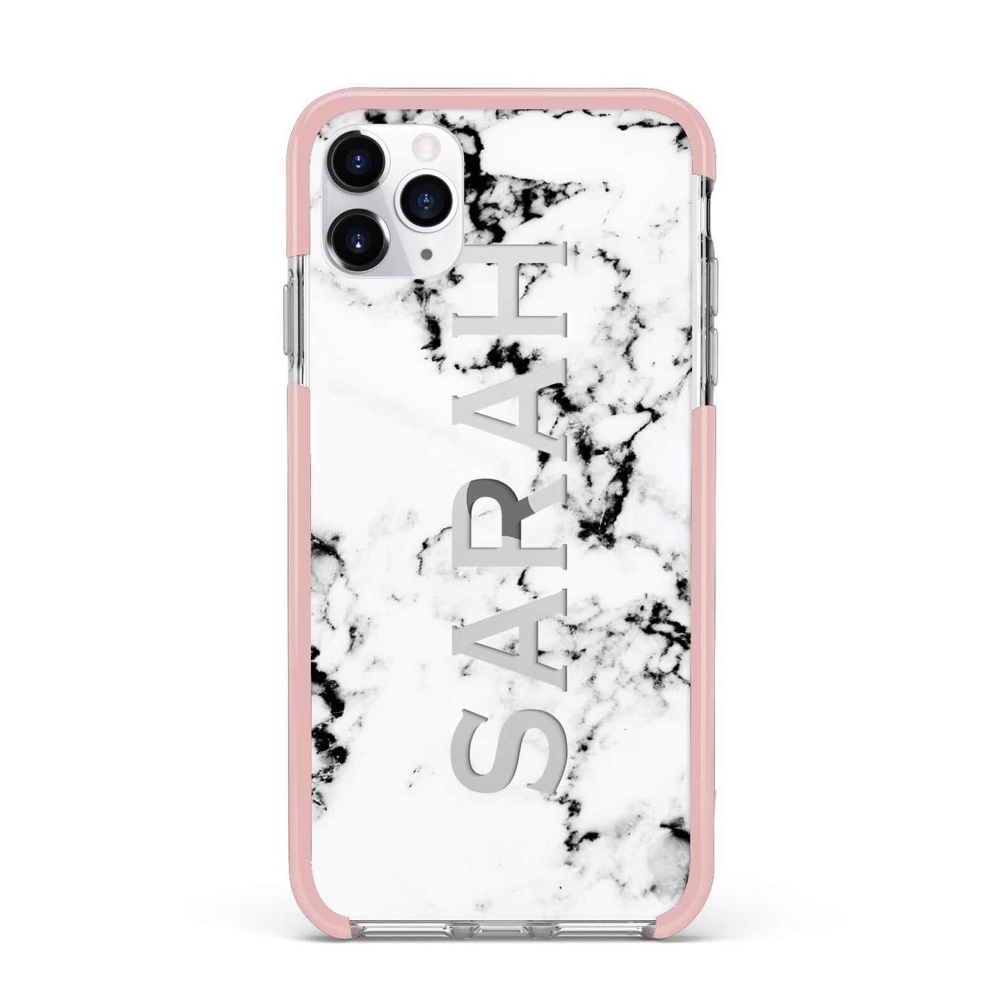 Personalised Clear Name Black White Marble Custom iPhone 11 Pro Max Impact Pink Edge Case