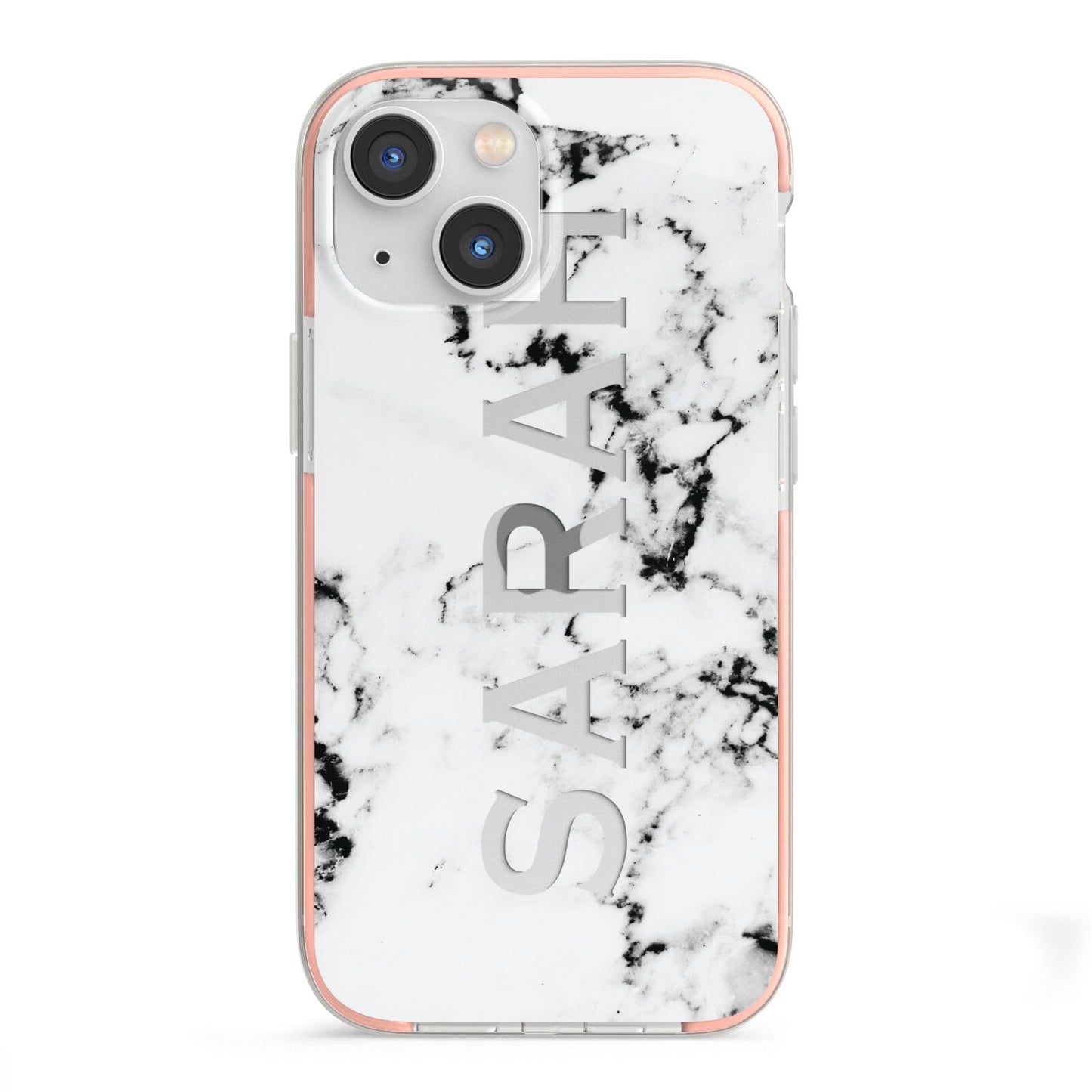 Personalised Clear Name Black White Marble Custom iPhone 13 Mini TPU Impact Case with Pink Edges