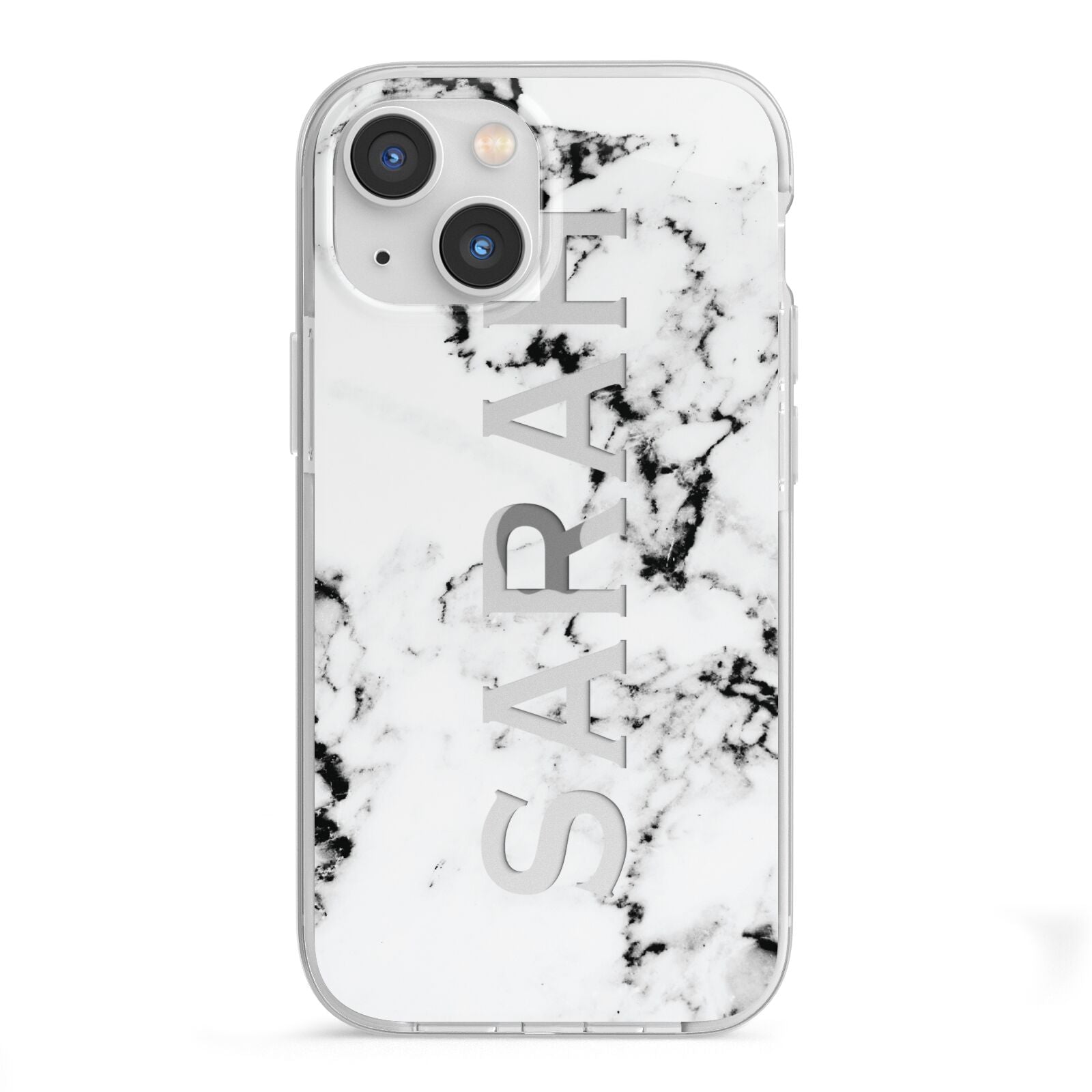 Personalised Clear Name Black White Marble Custom iPhone 13 Mini TPU Impact Case with White Edges