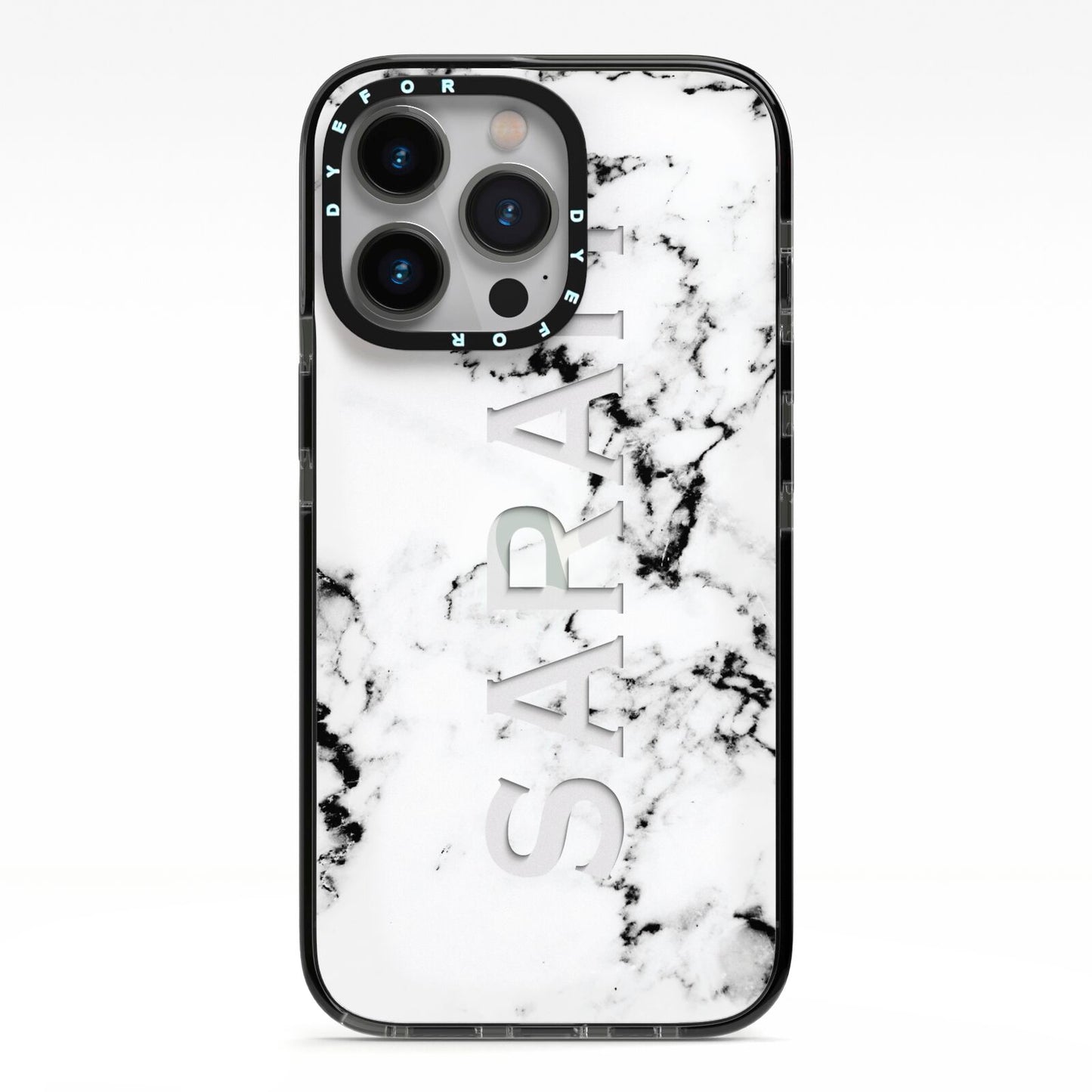 Personalised Clear Name Black White Marble Custom iPhone 13 Pro Black Impact Case on Silver phone