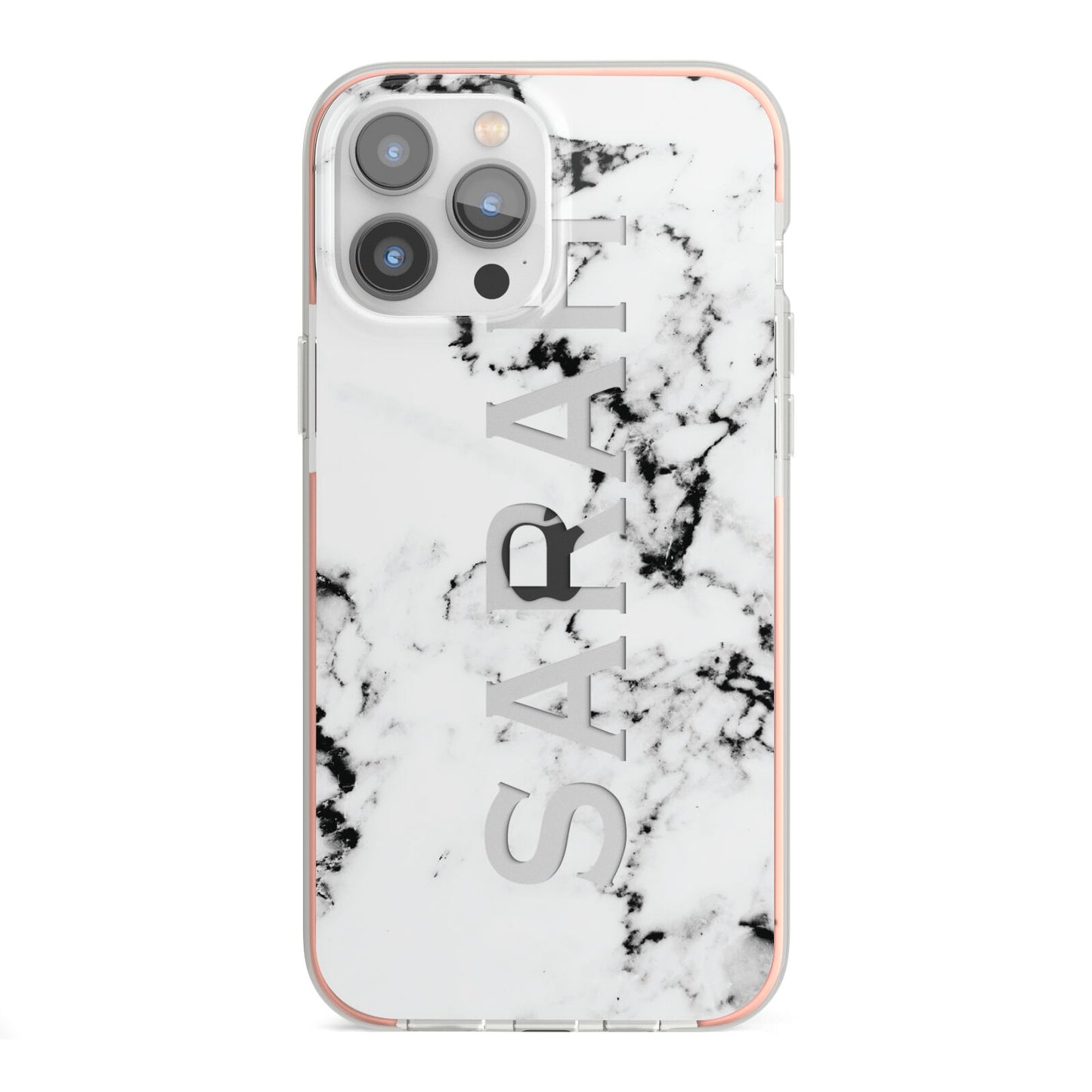 Personalised Clear Name Black White Marble Custom iPhone 13 Pro Max TPU Impact Case with Pink Edges