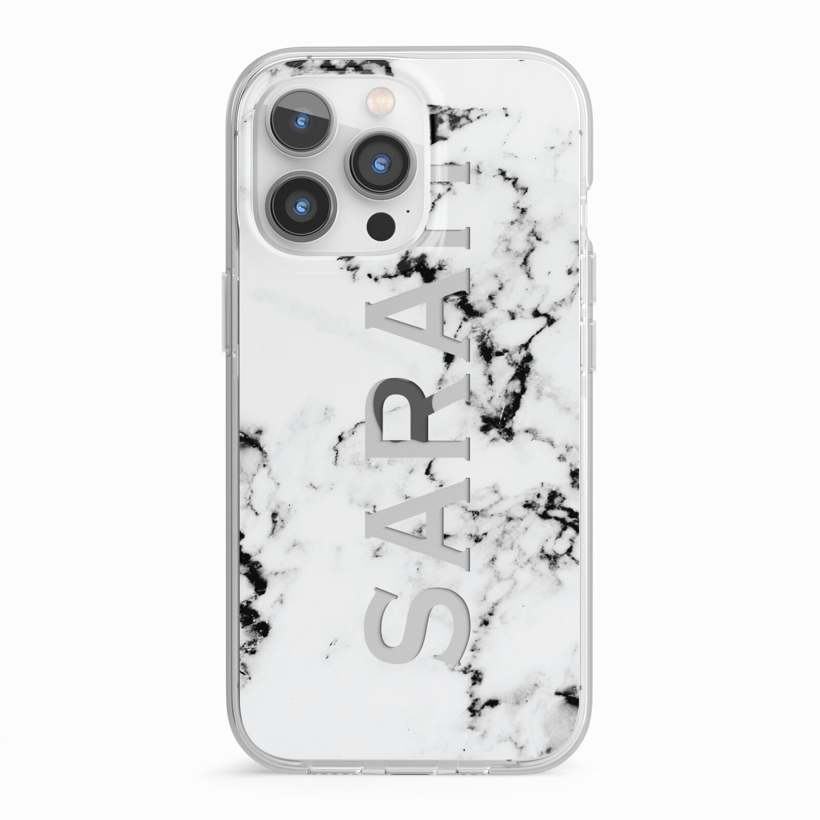 Personalised Clear Name Black White Marble Custom iPhone 13 Pro TPU Impact Case with White Edges