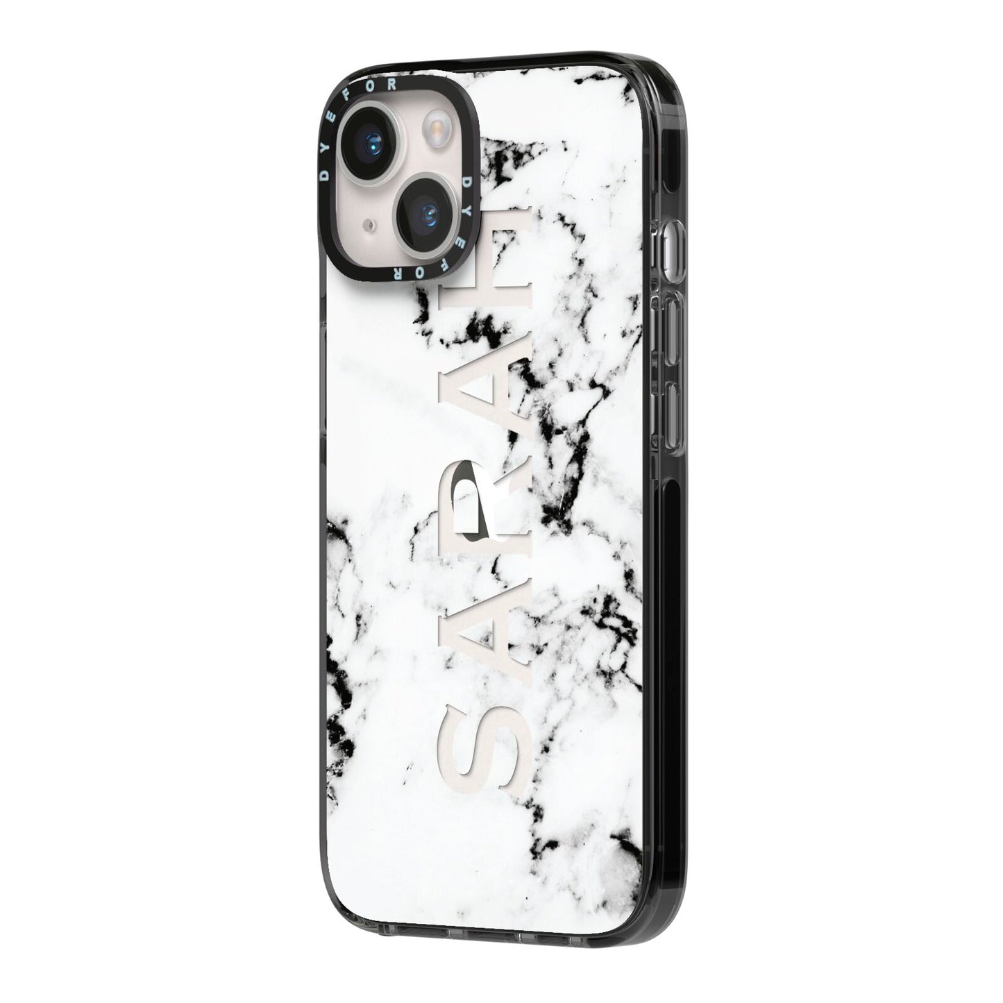 Personalised Clear Name Black White Marble Custom iPhone 14 Black Impact Case Side Angle on Silver phone