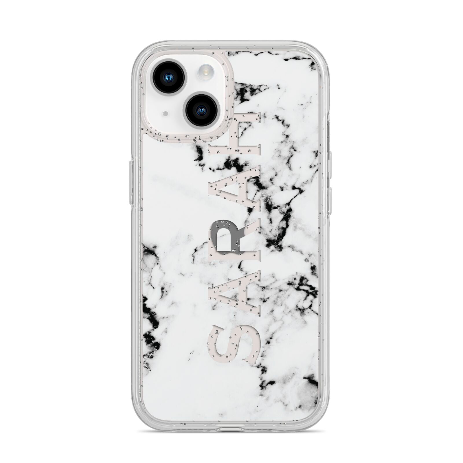 Personalised Clear Name Black White Marble Custom iPhone 14 Glitter Tough Case Starlight