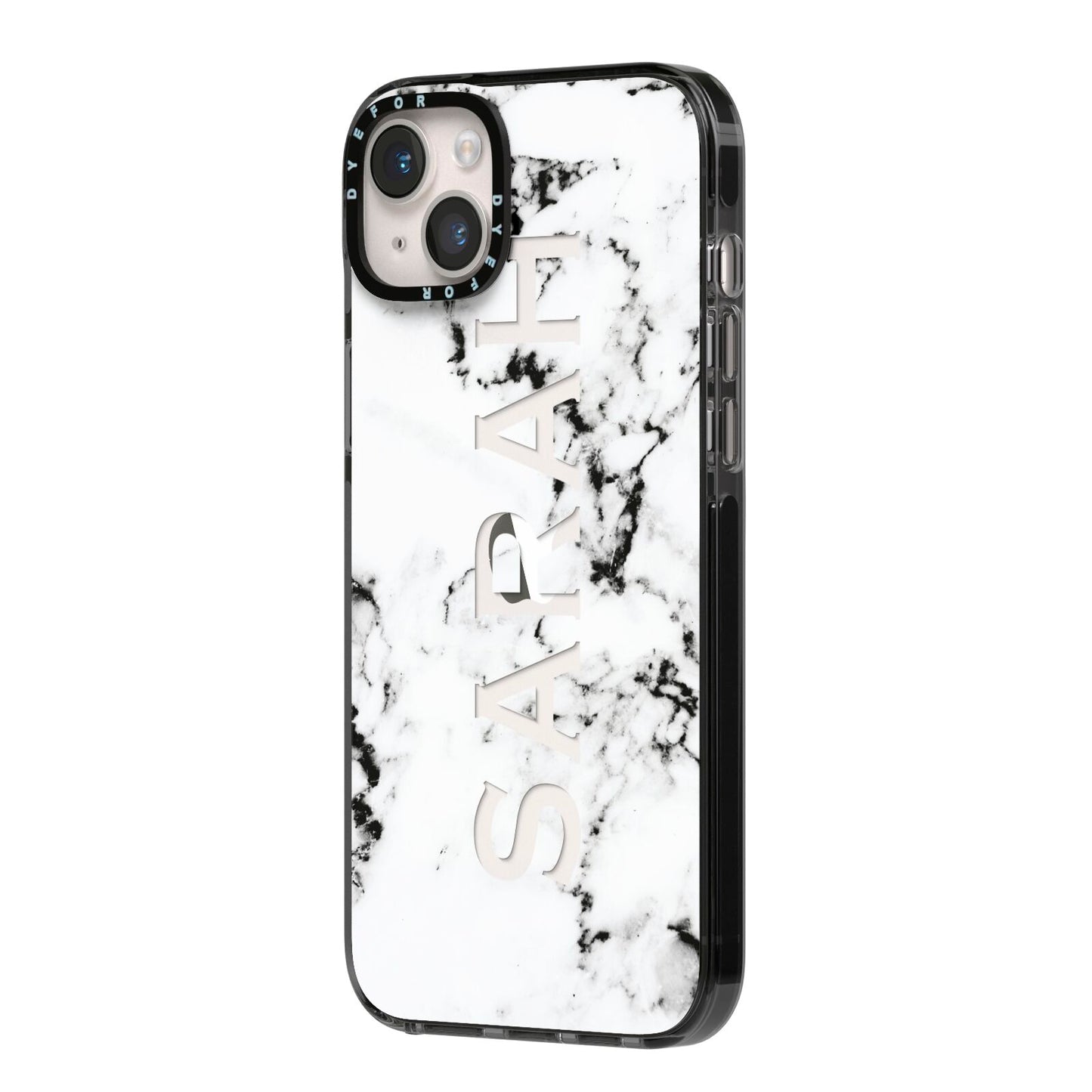 Personalised Clear Name Black White Marble Custom iPhone 14 Plus Black Impact Case Side Angle on Silver phone