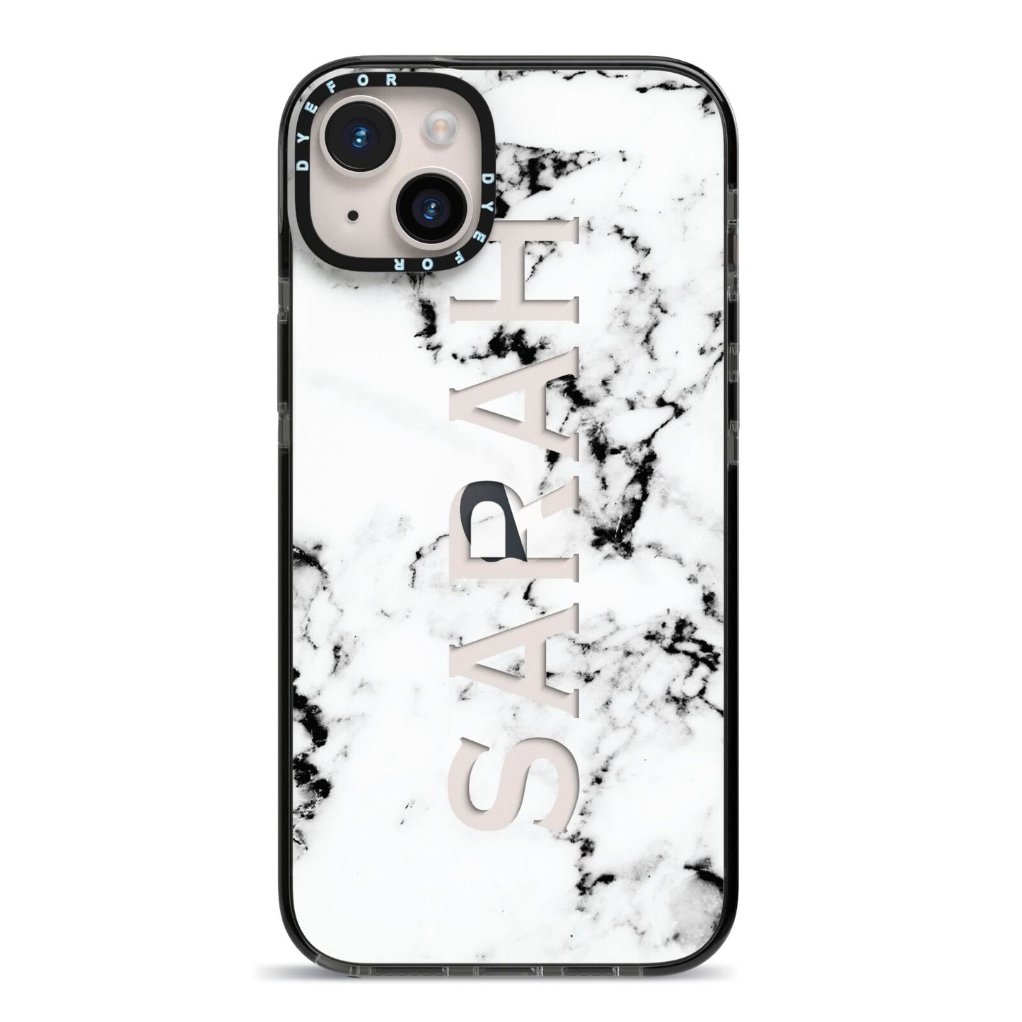 Personalised Clear Name Black White Marble Custom iPhone 14 Plus Black Impact Case on Silver phone