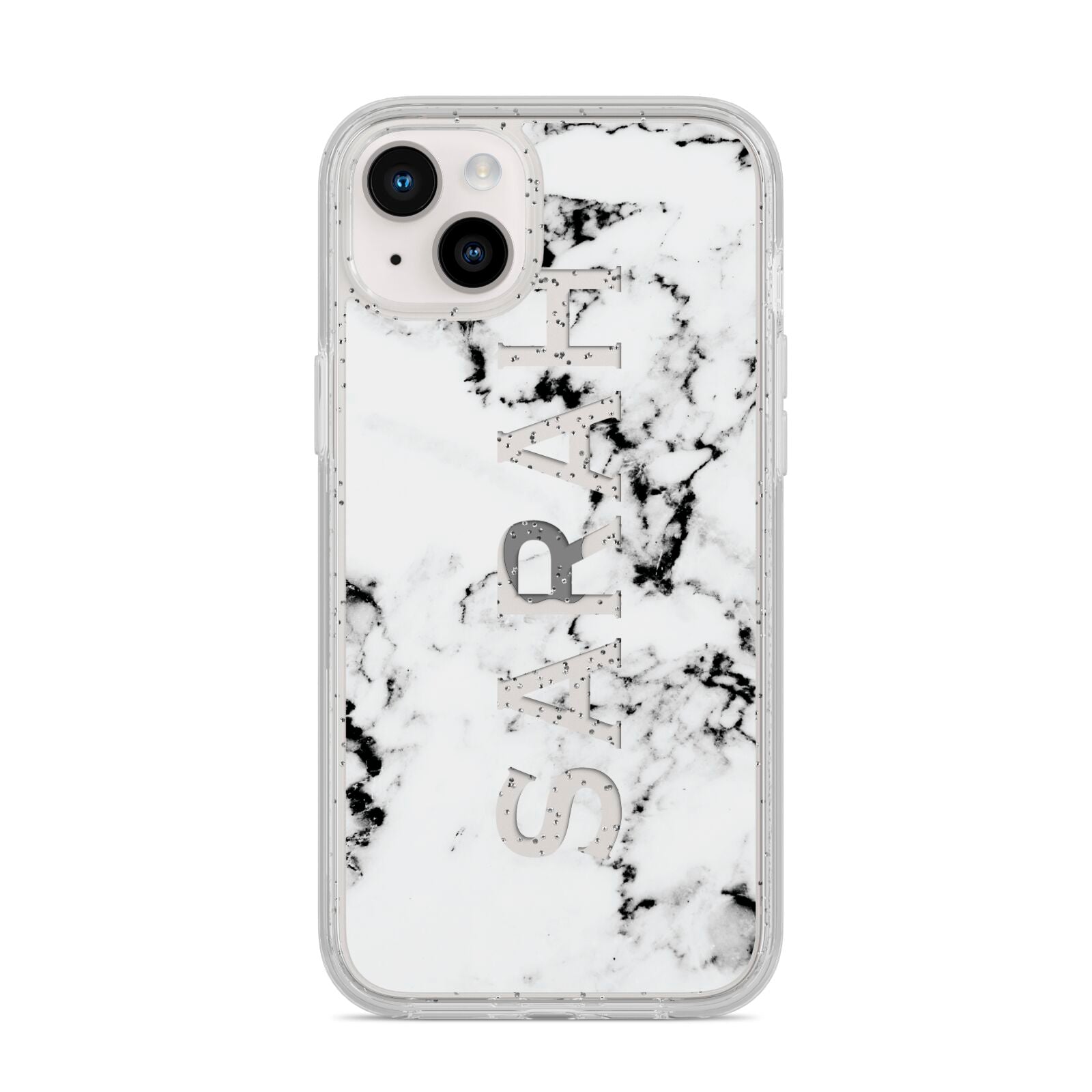 Personalised Clear Name Black White Marble Custom iPhone 14 Plus Glitter Tough Case Starlight