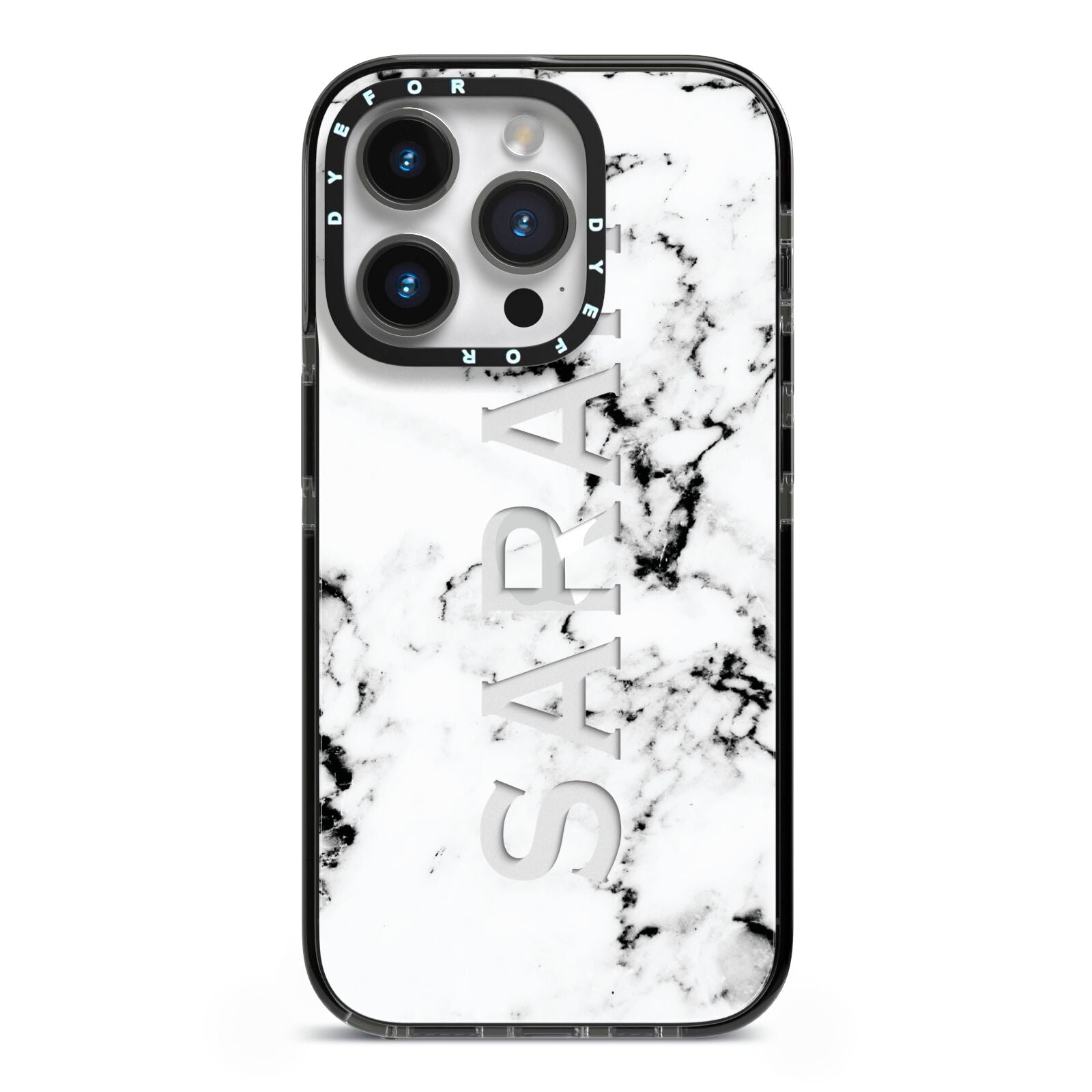 Personalised Clear Name Black White Marble Custom iPhone 14 Pro Black Impact Case on Silver phone