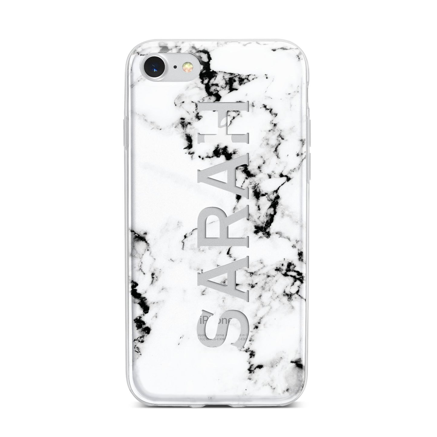 Personalised Clear Name Black White Marble Custom iPhone 7 Bumper Case on Silver iPhone