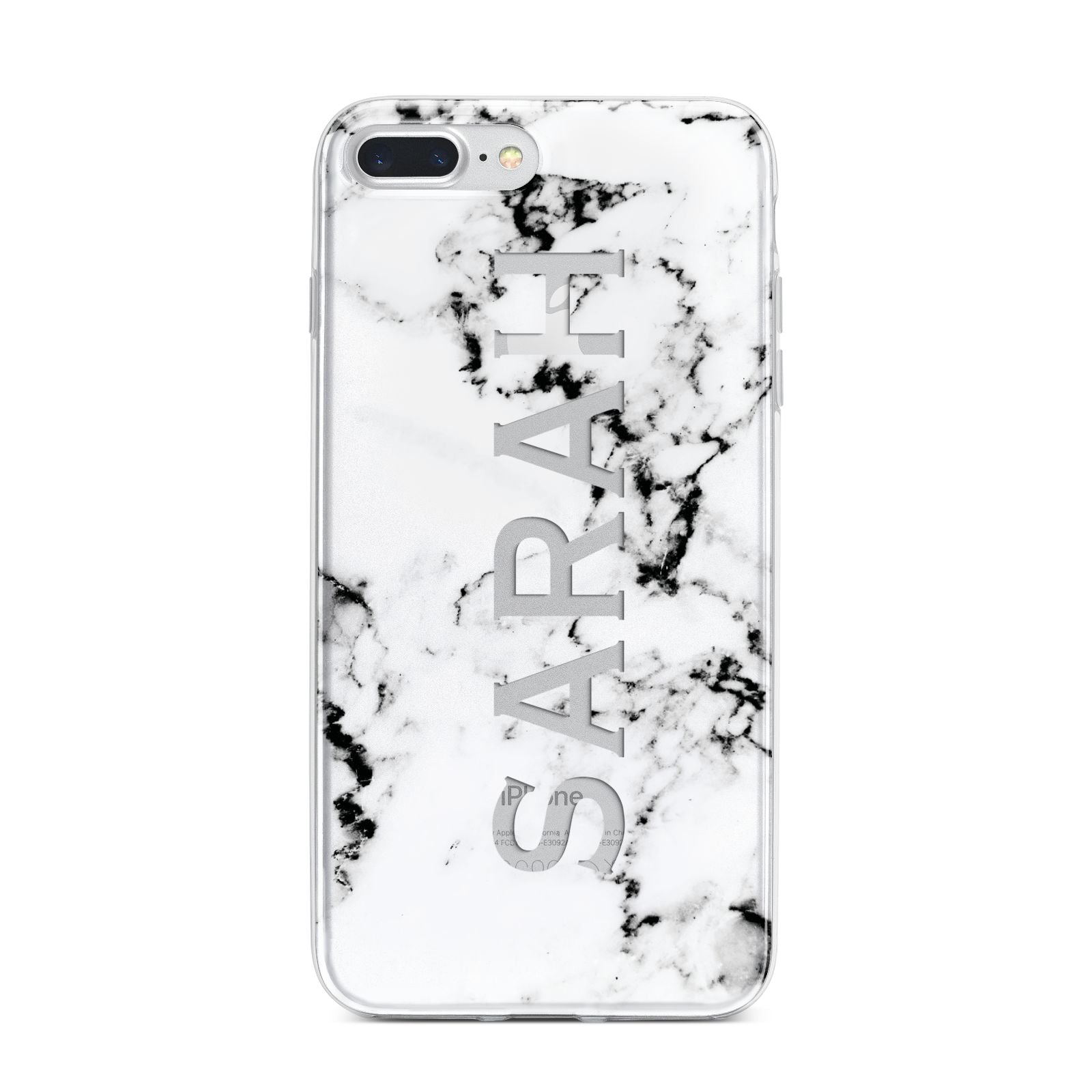 Personalised Clear Name Black White Marble Custom iPhone 7 Plus Bumper Case on Silver iPhone