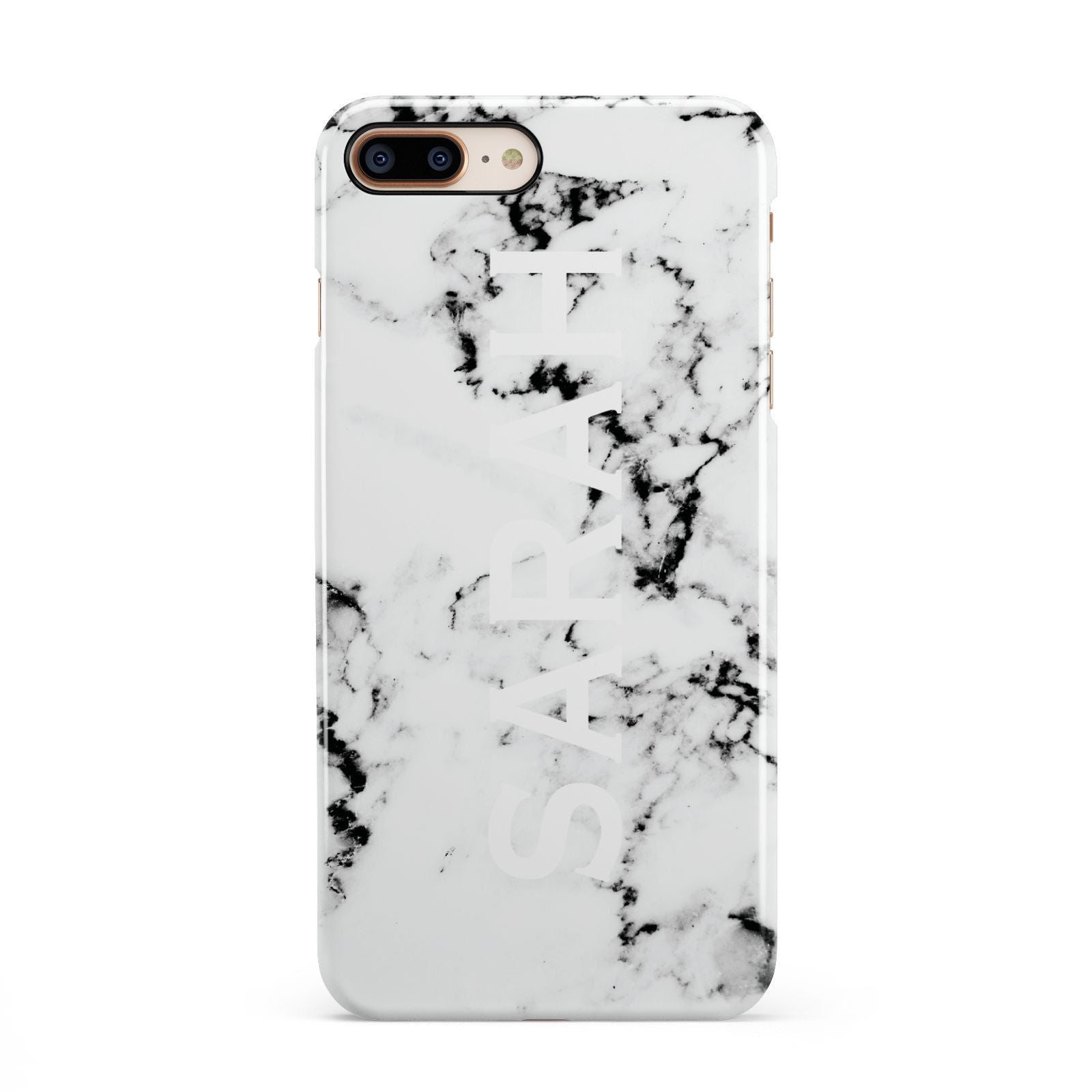 Personalised Clear Name Black White Marble Custom iPhone 8 Plus 3D Snap Case on Gold Phone