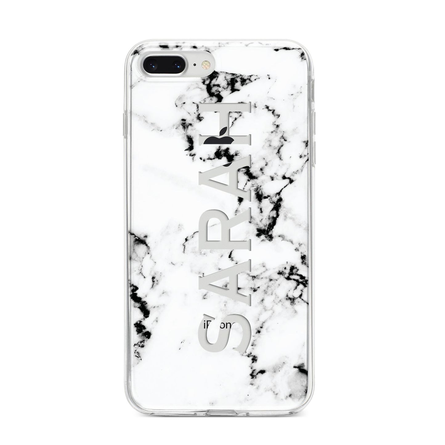 Personalised Clear Name Black White Marble Custom iPhone 8 Plus Bumper Case on Silver iPhone