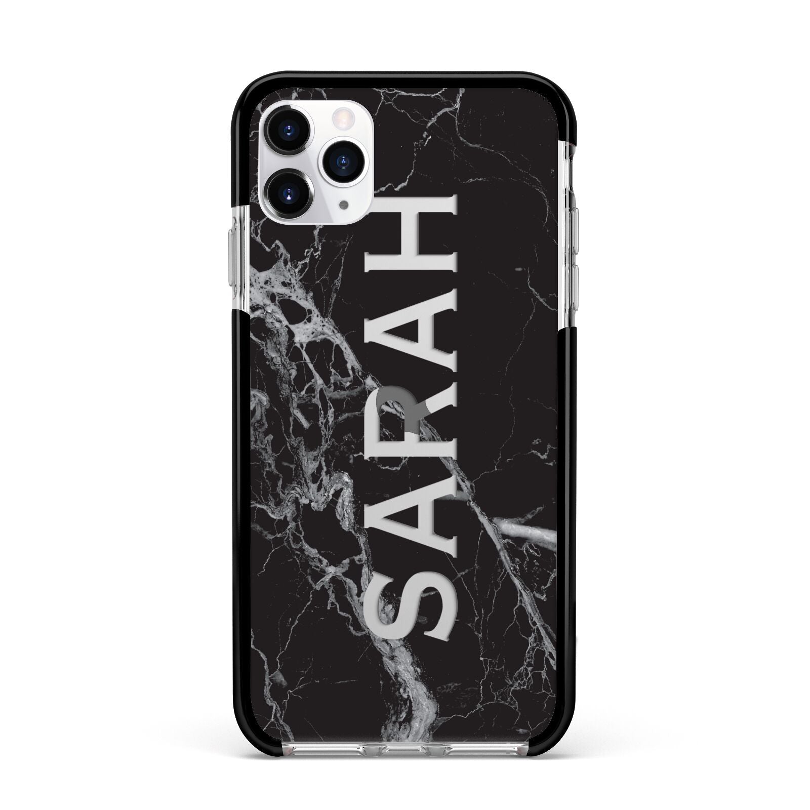 Personalised Clear Name Cutout Black Marble Custom Apple iPhone 11 Pro Max in Silver with Black Impact Case