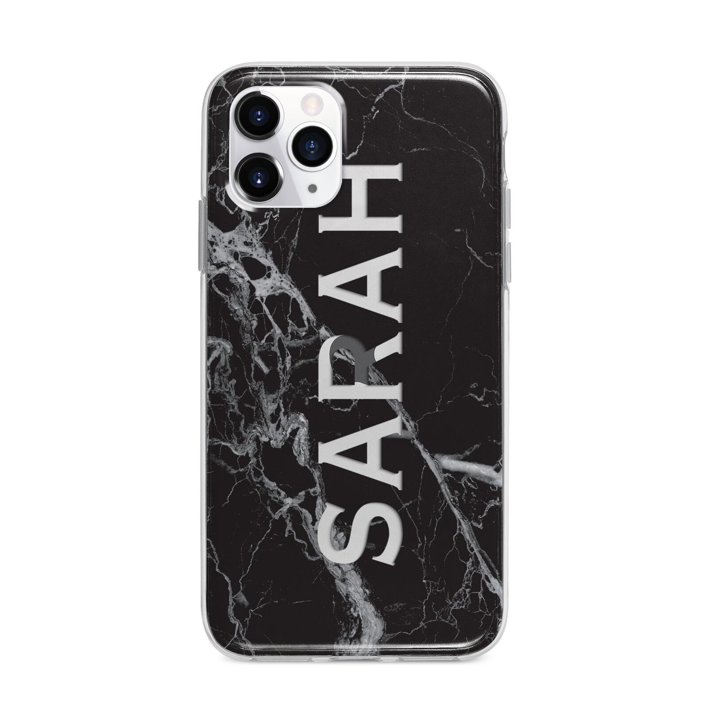 Personalised Clear Name Cutout Black Marble Custom Apple iPhone 11 Pro Max in Silver with Bumper Case