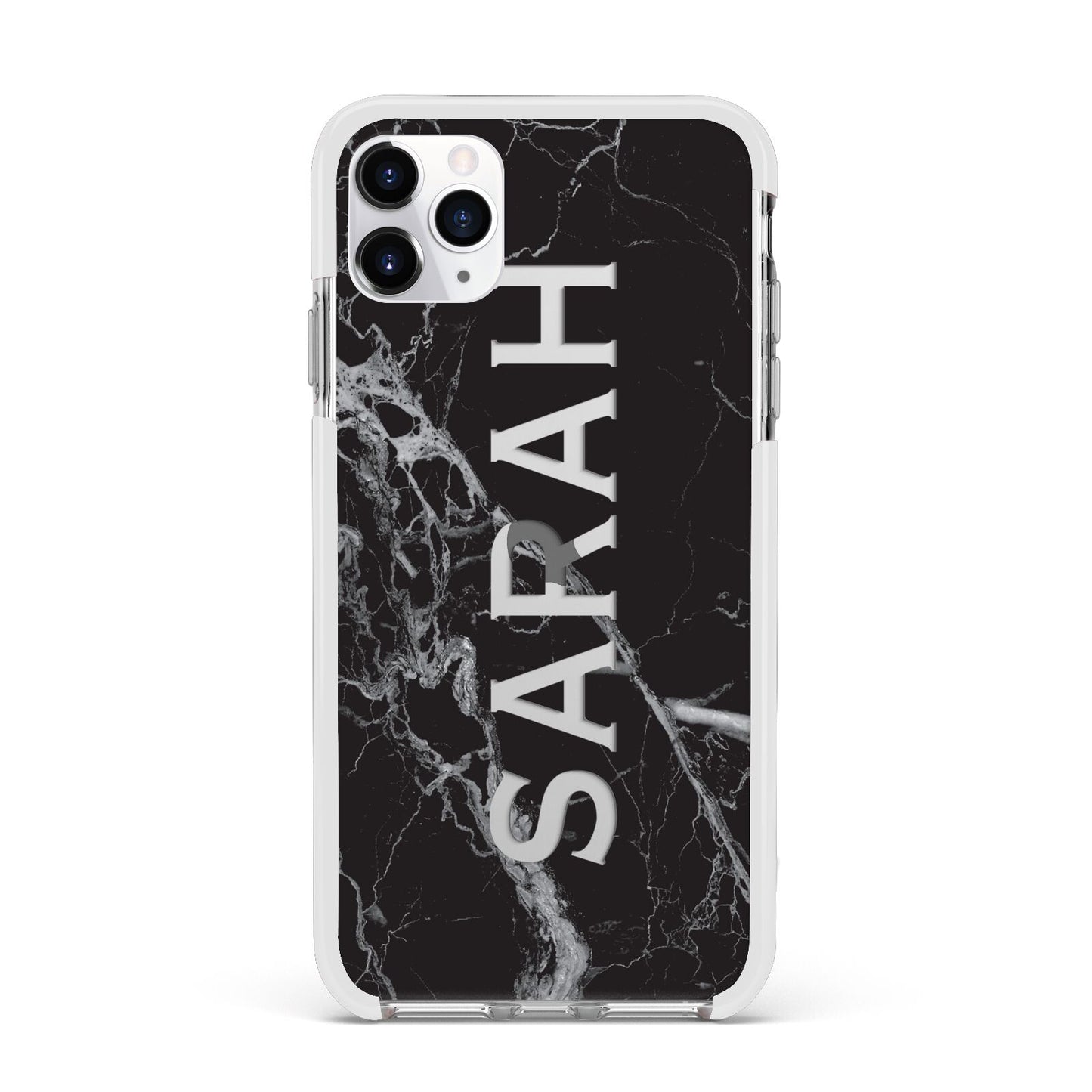 Personalised Clear Name Cutout Black Marble Custom Apple iPhone 11 Pro Max in Silver with White Impact Case