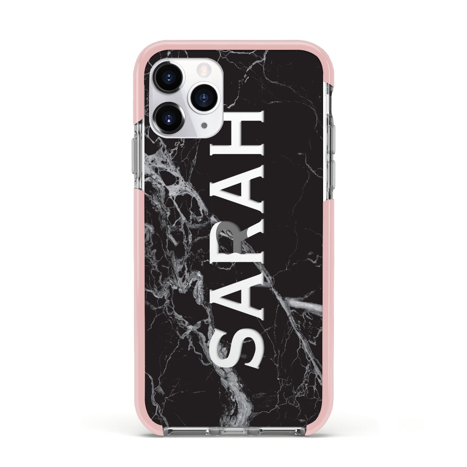 Personalised Clear Name Cutout Black Marble Custom Apple iPhone 11 Pro in Silver with Pink Impact Case