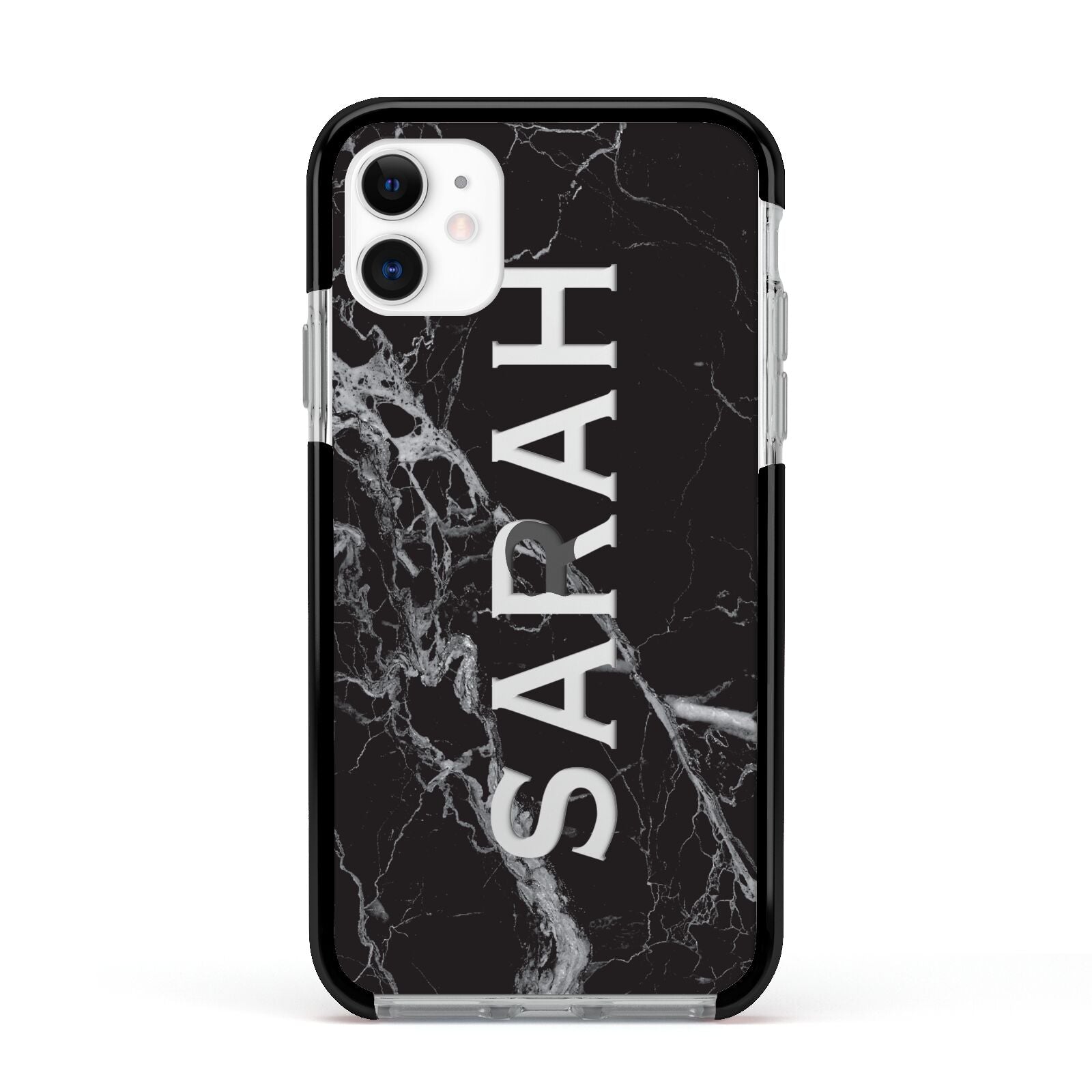 Personalised Clear Name Cutout Black Marble Custom Apple iPhone 11 in White with Black Impact Case