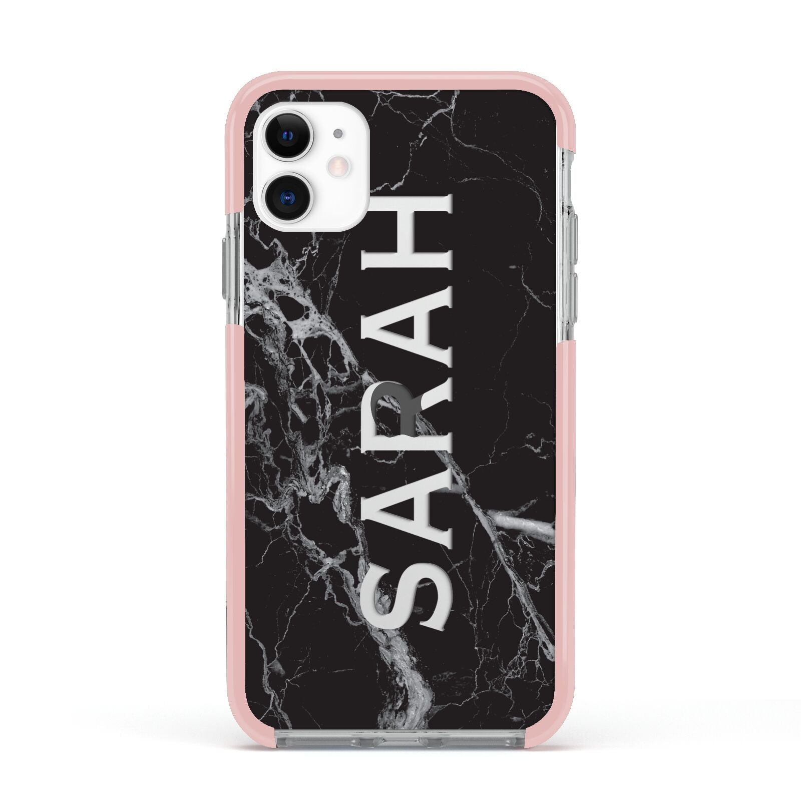 Personalised Clear Name Cutout Black Marble Custom Apple iPhone 11 in White with Pink Impact Case