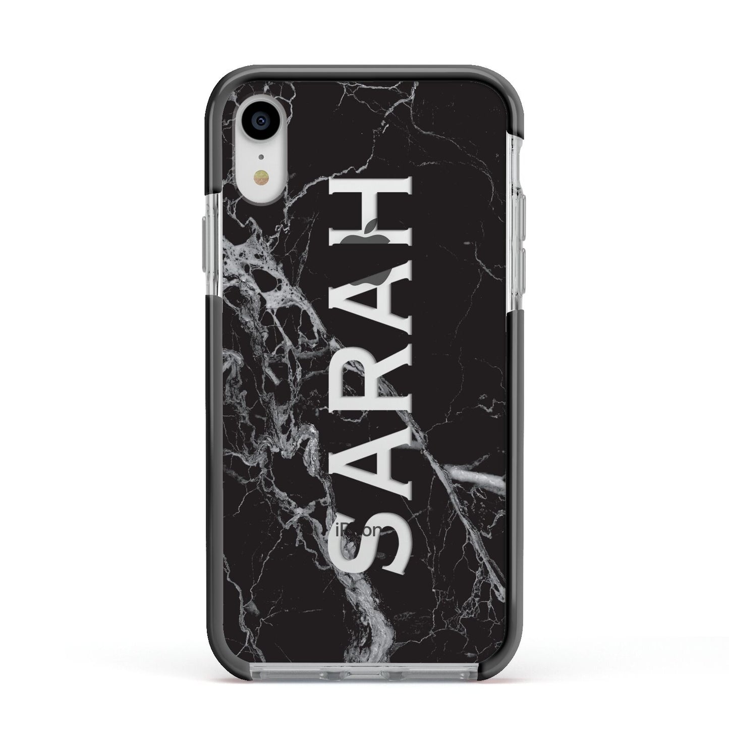 Personalised Clear Name Cutout Black Marble Custom Apple iPhone XR Impact Case Black Edge on Silver Phone