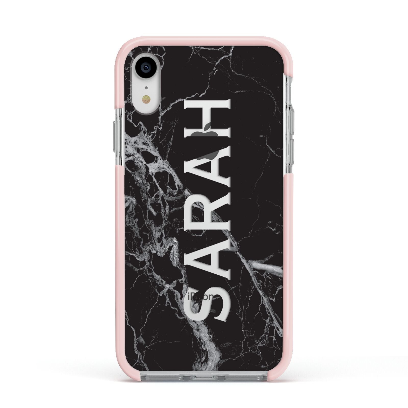 Personalised Clear Name Cutout Black Marble Custom Apple iPhone XR Impact Case Pink Edge on Silver Phone