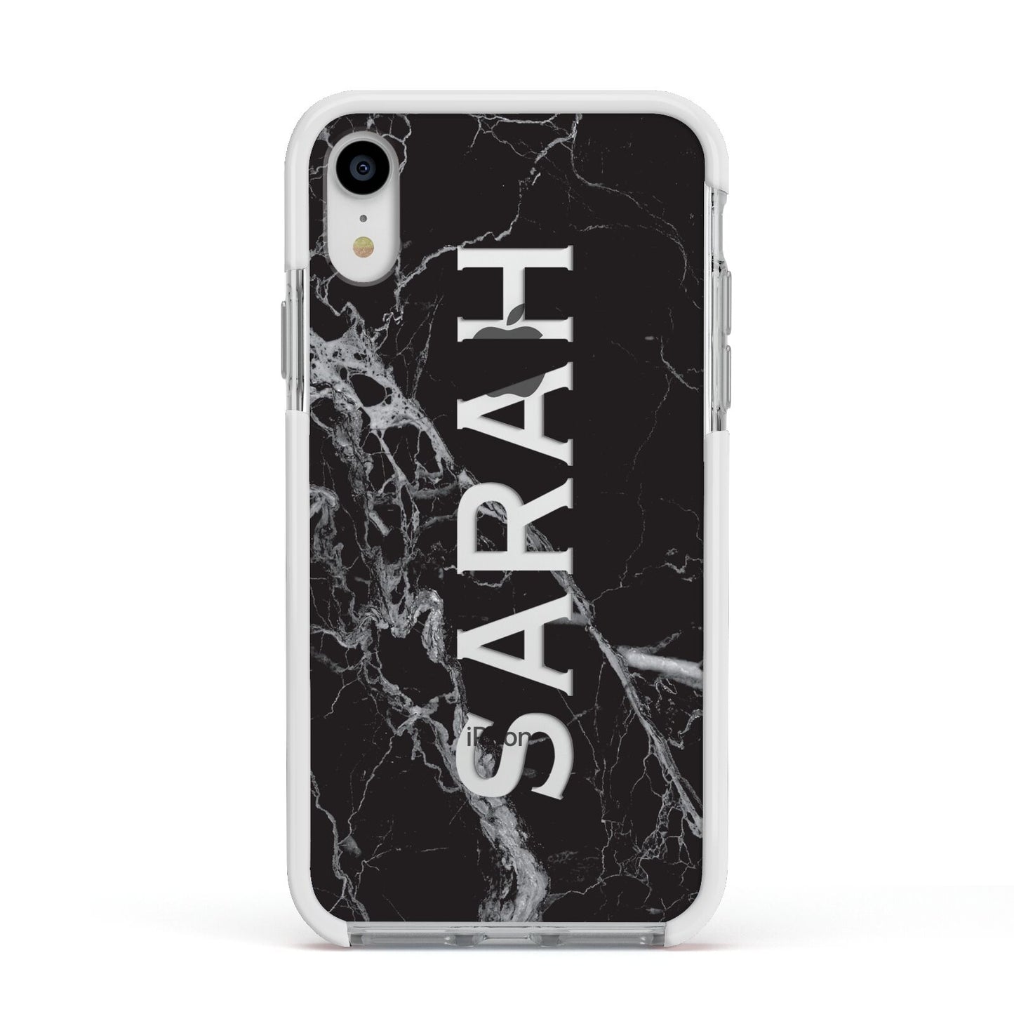 Personalised Clear Name Cutout Black Marble Custom Apple iPhone XR Impact Case White Edge on Silver Phone