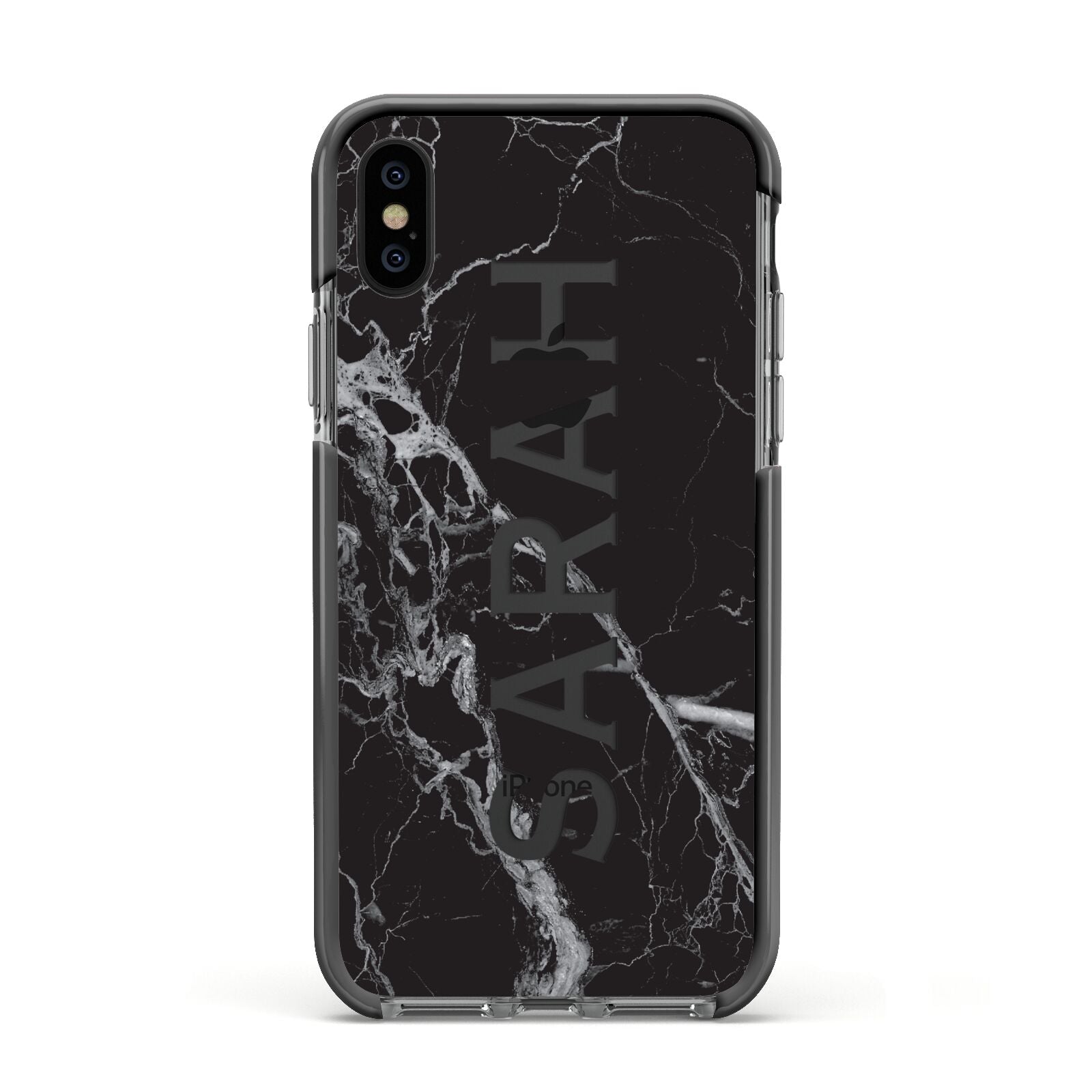 Personalised Clear Name Cutout Black Marble Custom Apple iPhone Xs Impact Case Black Edge on Black Phone