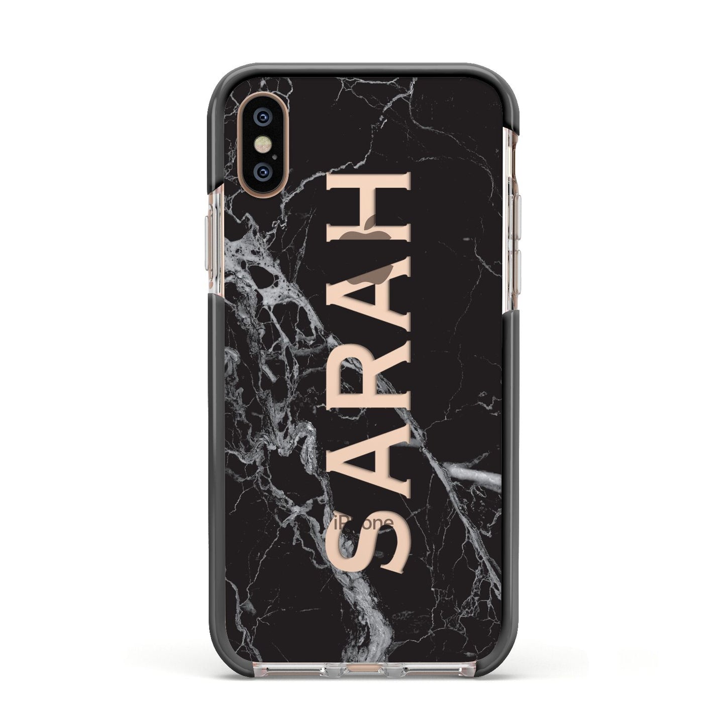 Personalised Clear Name Cutout Black Marble Custom Apple iPhone Xs Impact Case Black Edge on Gold Phone