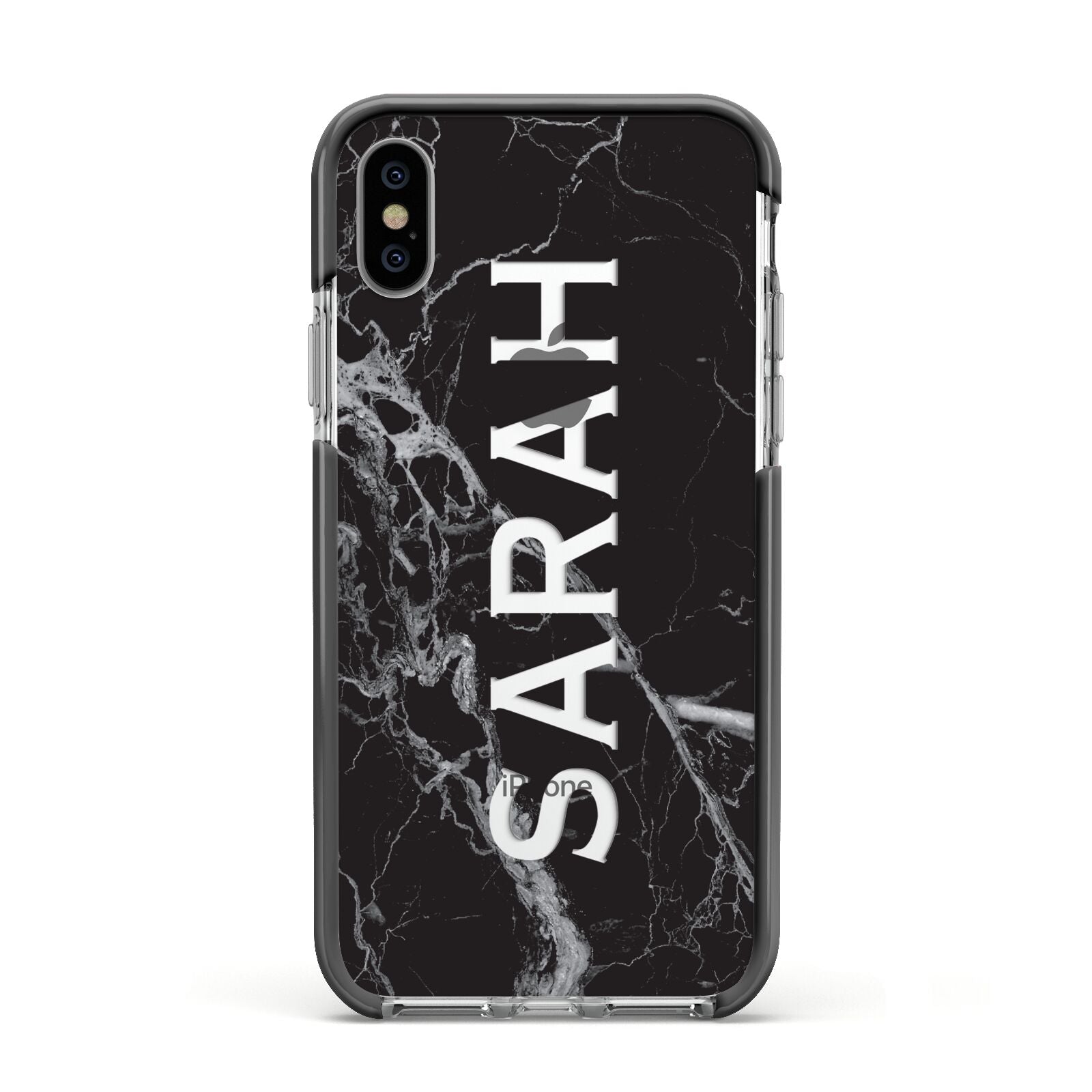 Personalised Clear Name Cutout Black Marble Custom Apple iPhone Xs Impact Case Black Edge on Silver Phone