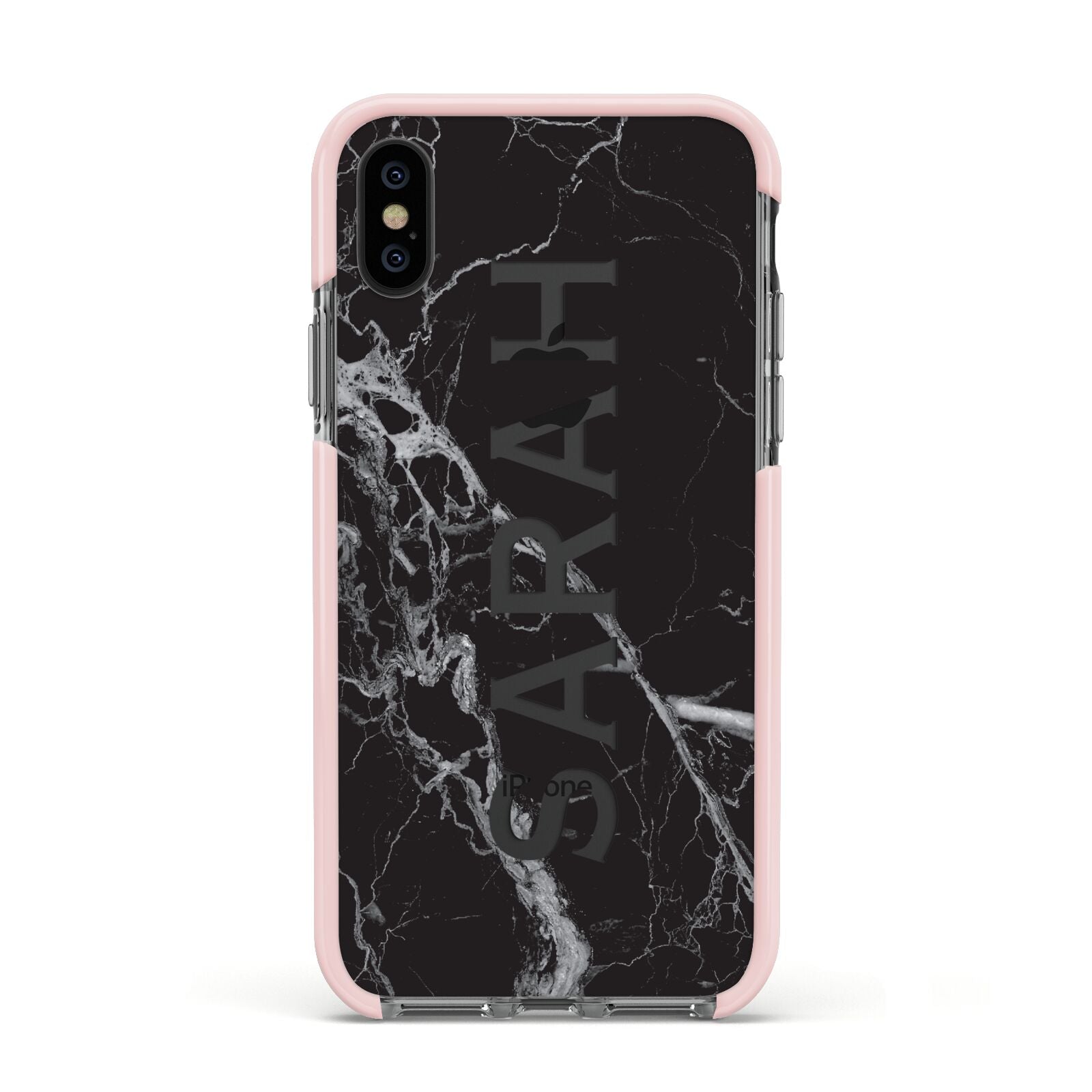 Personalised Clear Name Cutout Black Marble Custom Apple iPhone Xs Impact Case Pink Edge on Black Phone