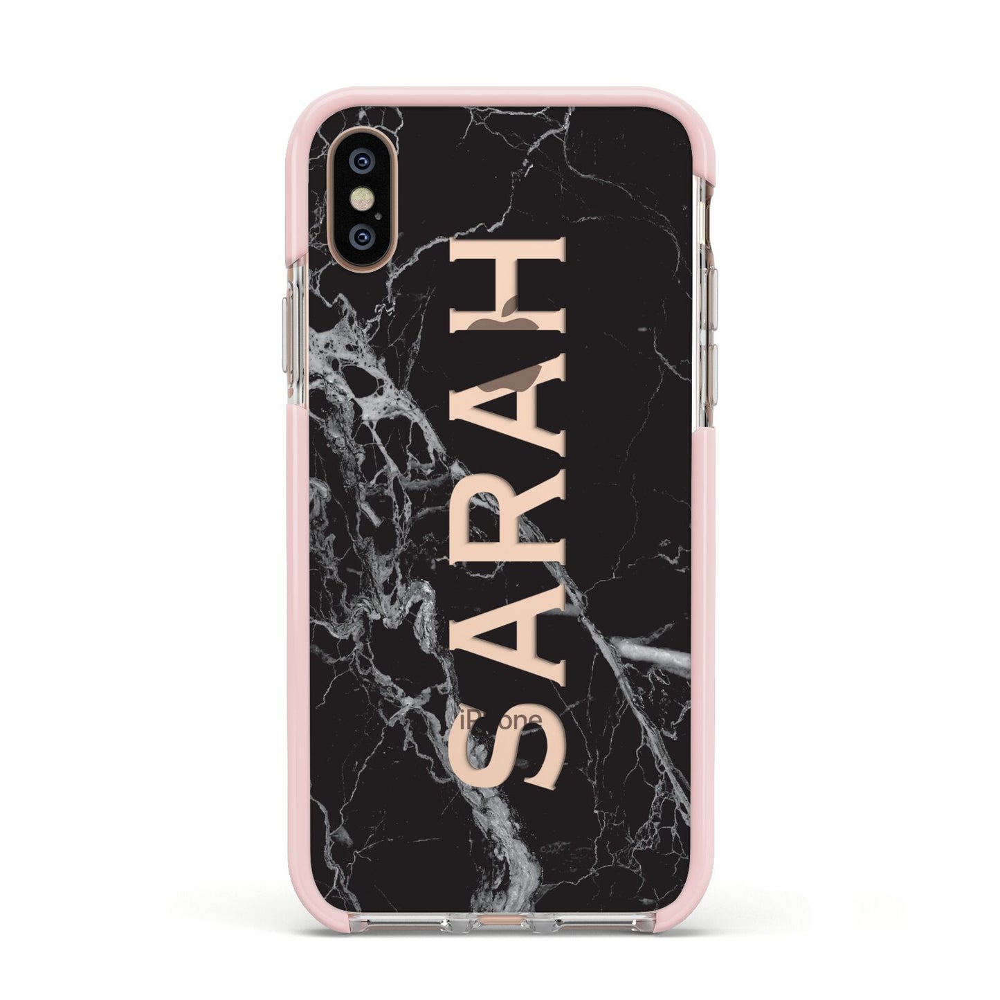 Personalised Clear Name Cutout Black Marble Custom Apple iPhone Xs Impact Case Pink Edge on Gold Phone