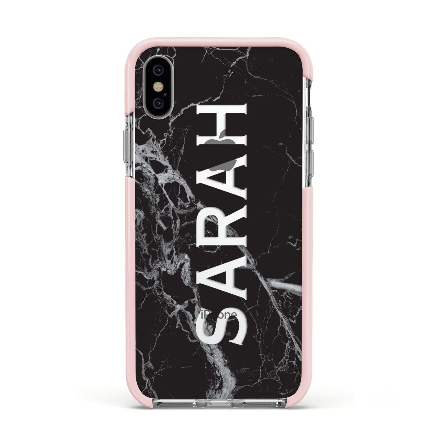 Personalised Clear Name Cutout Black Marble Custom Apple iPhone Xs Impact Case Pink Edge on Silver Phone