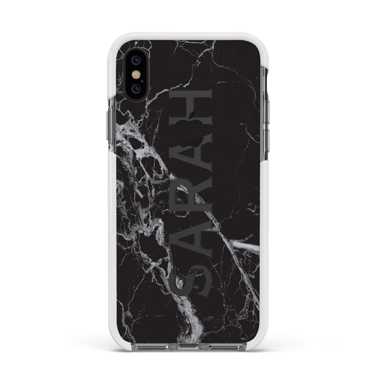 Personalised Clear Name Cutout Black Marble Custom Apple iPhone Xs Impact Case White Edge on Black Phone