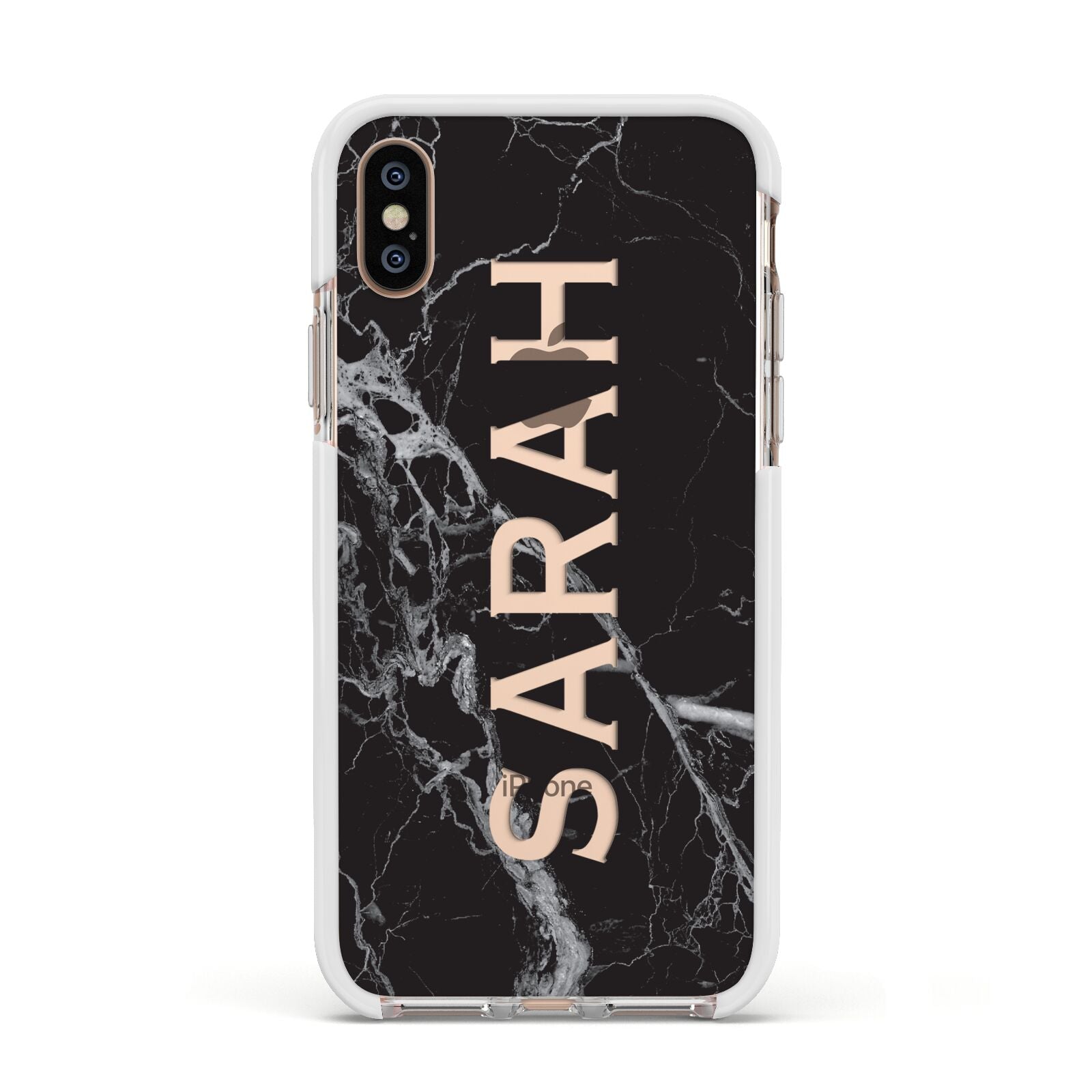 Personalised Clear Name Cutout Black Marble Custom Apple iPhone Xs Impact Case White Edge on Gold Phone