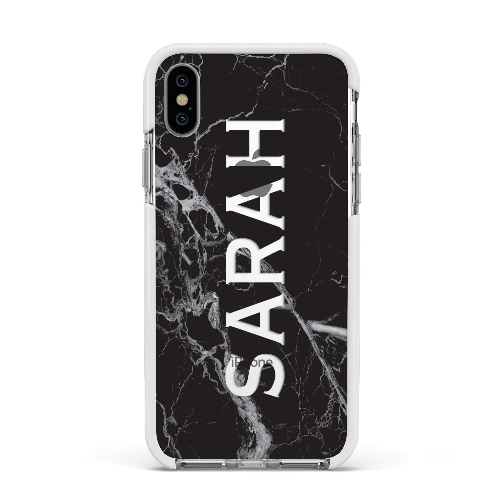 Personalised Clear Name Cutout Black Marble Custom Apple iPhone Xs Impact Case White Edge on Silver Phone