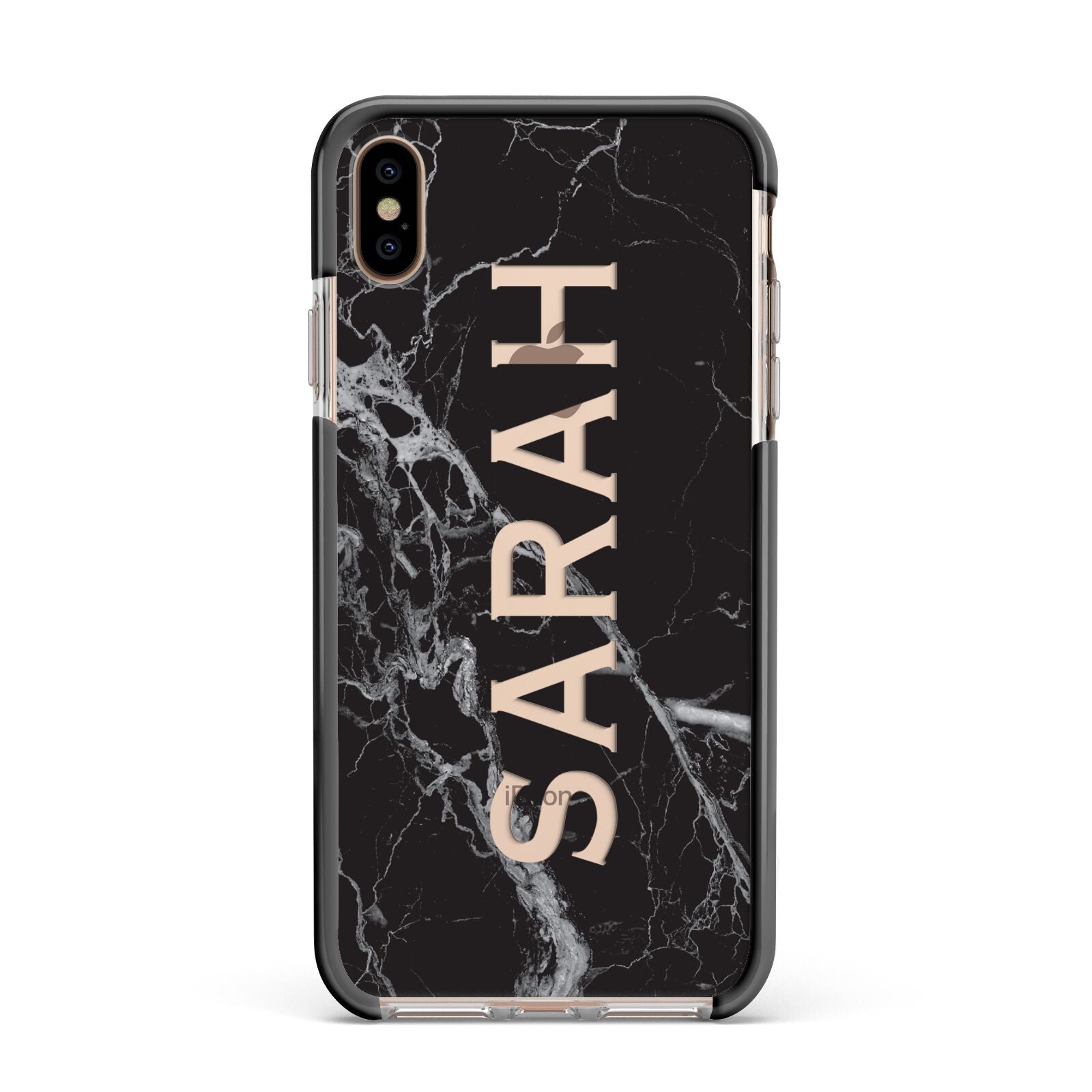 Personalised Clear Name Cutout Black Marble Custom Apple iPhone Xs Max Impact Case Black Edge on Gold Phone