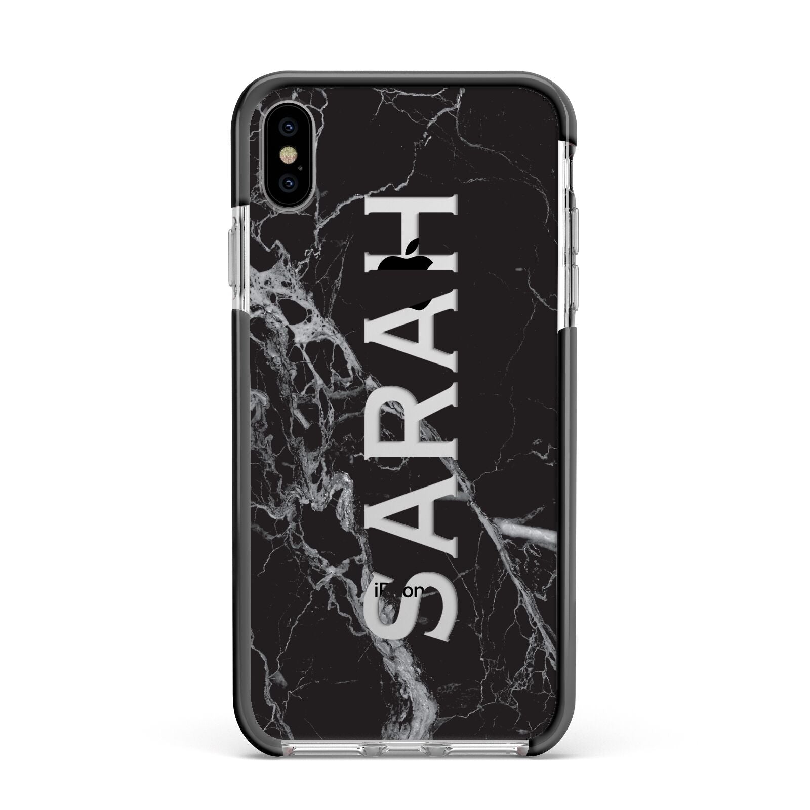 Personalised Clear Name Cutout Black Marble Custom Apple iPhone Xs Max Impact Case Black Edge on Silver Phone